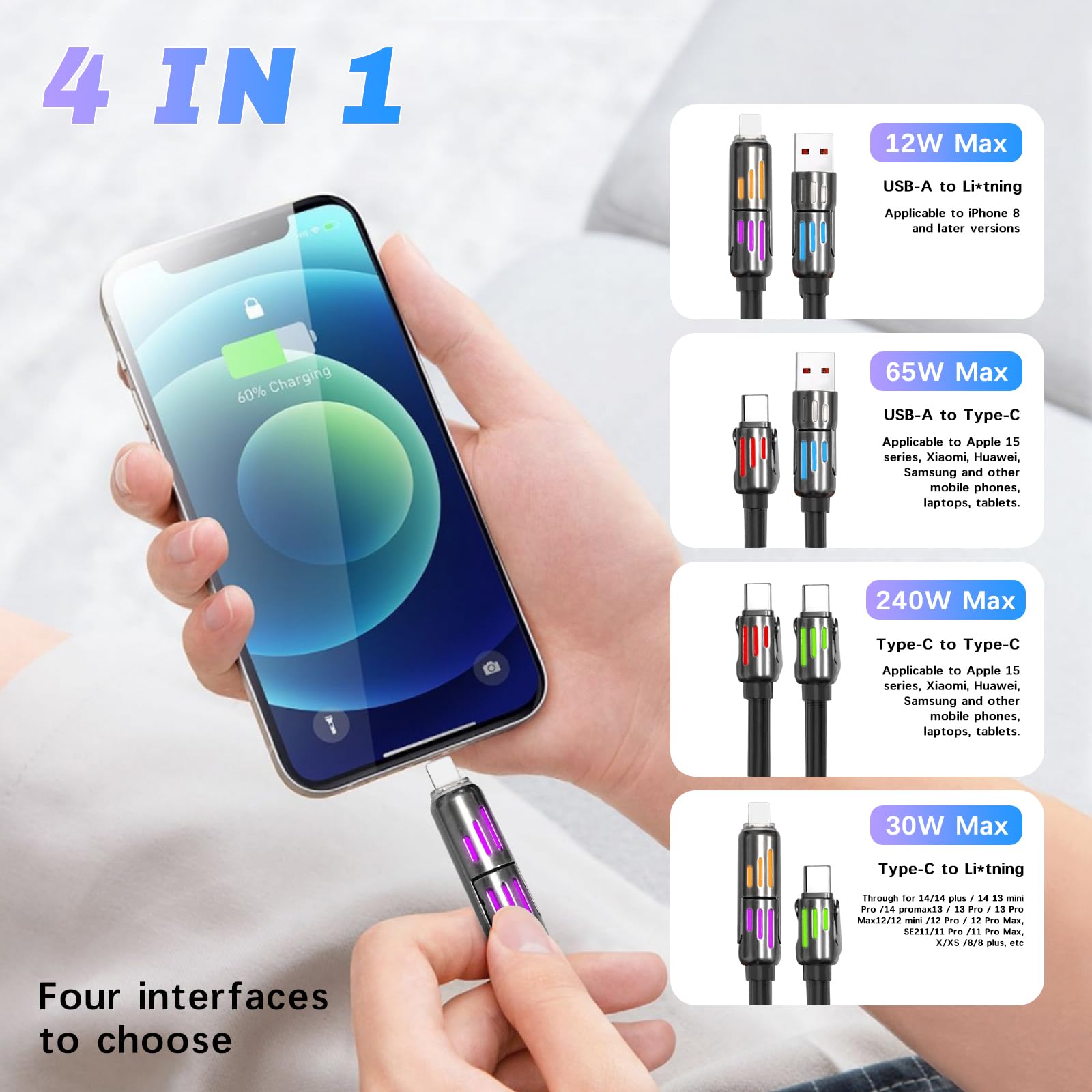 240W 4-in-1 Multi Charging Cable 5FT - USB A to C/L & USB C to C Fast Charger - Compatible with iPhone 14/13/12, Samsung S24, iPad, MacBook - High Speed Data Sync & Power Delivery - Perfect for Travel, Office & Home Charging