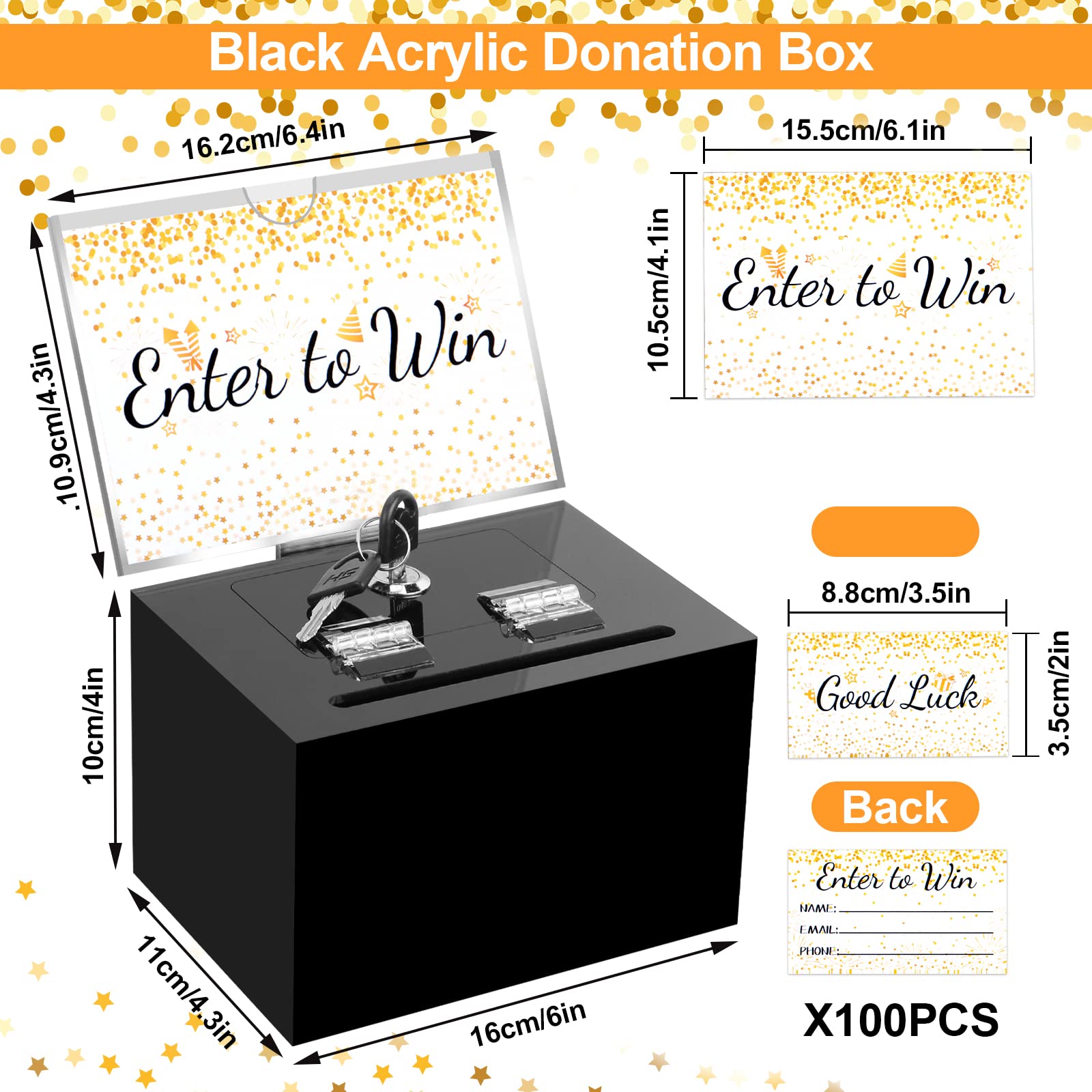 Secure Black Acrylic Donation Box with Lock - Clear Ballot Voting Box with Sign Holder & 100 Raffle Tickets - 6x4.3x4 Inch Safe Suggestion Box for Church, School Events, Charity Fundraisers & Voting Stations