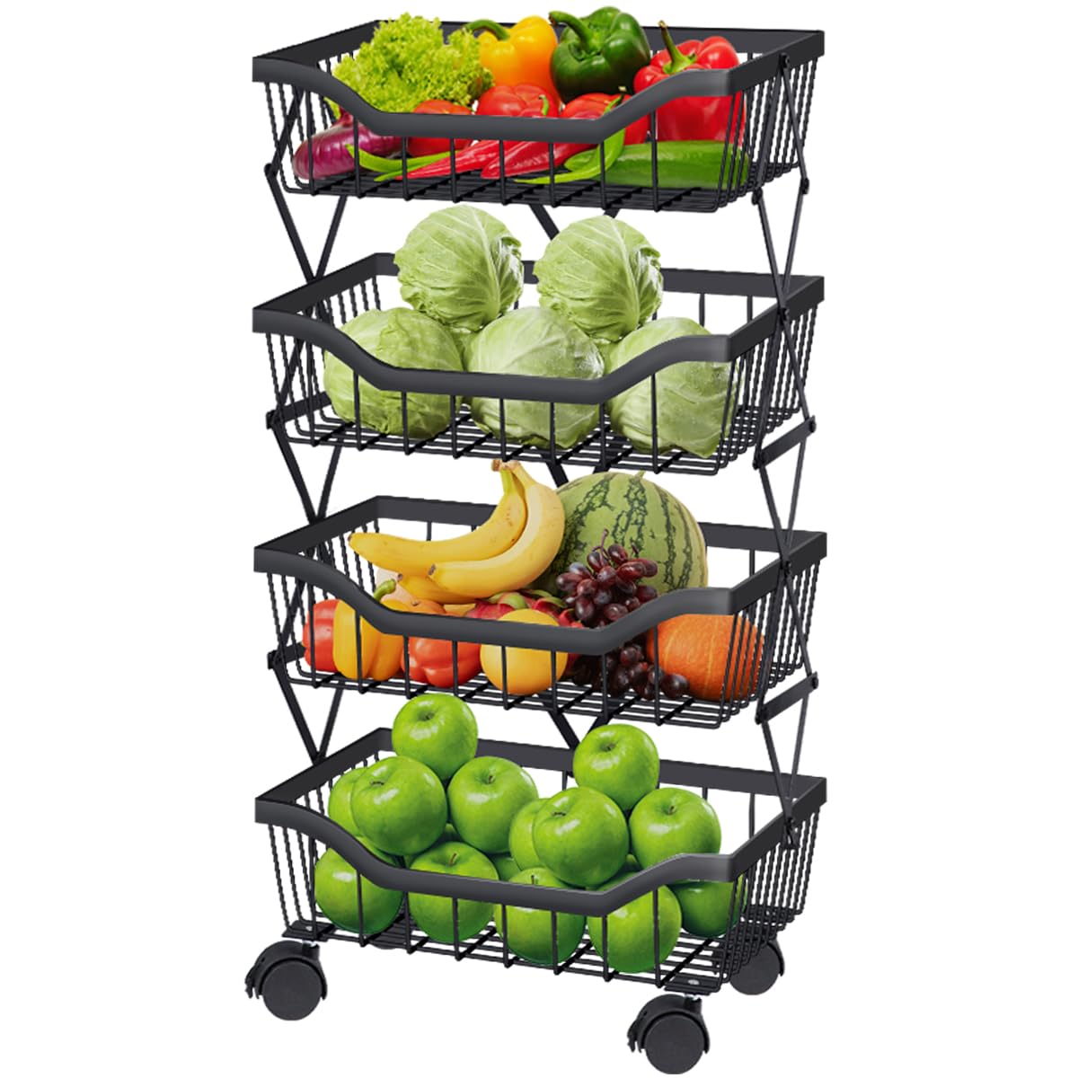 4-Tier Stackable Metal Wire Fruit & Vegetable Storage Basket with Wheels - Kitchen, Living Room, Dining Room, Office Organizer Cart (Black) | Perfect for Fresh Produce Display & Space-Saving Storage