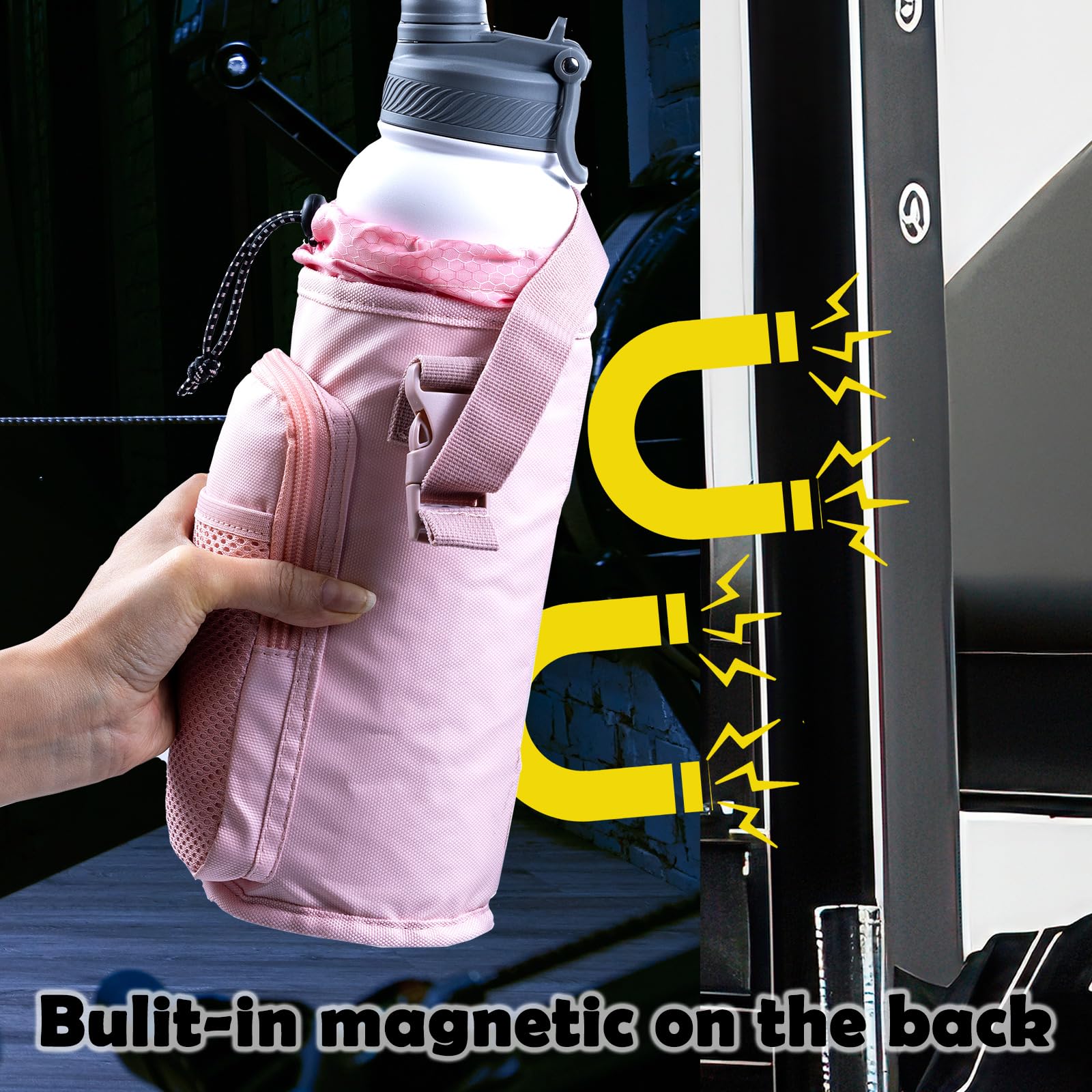 Magnetic Gym Bottle Holder with Phone Pocket - Adjustable Water Bottle Sling Bag for Running, Hiking & Workout - Hands-Free Essentials for Fitness Enthusiasts