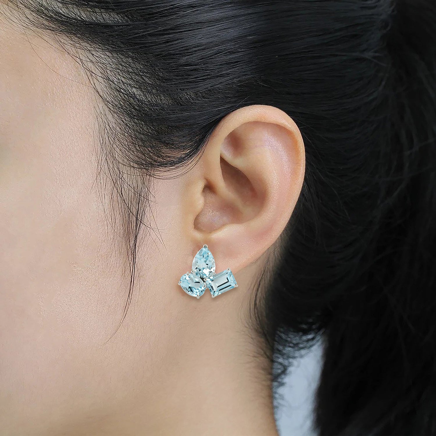 Blue Topaz November Birthstone Stud Earrings - 18k White Gold Three Stone Jewelry for Women - Perfect Gift for Birthday, Anniversary & Special Occasions
