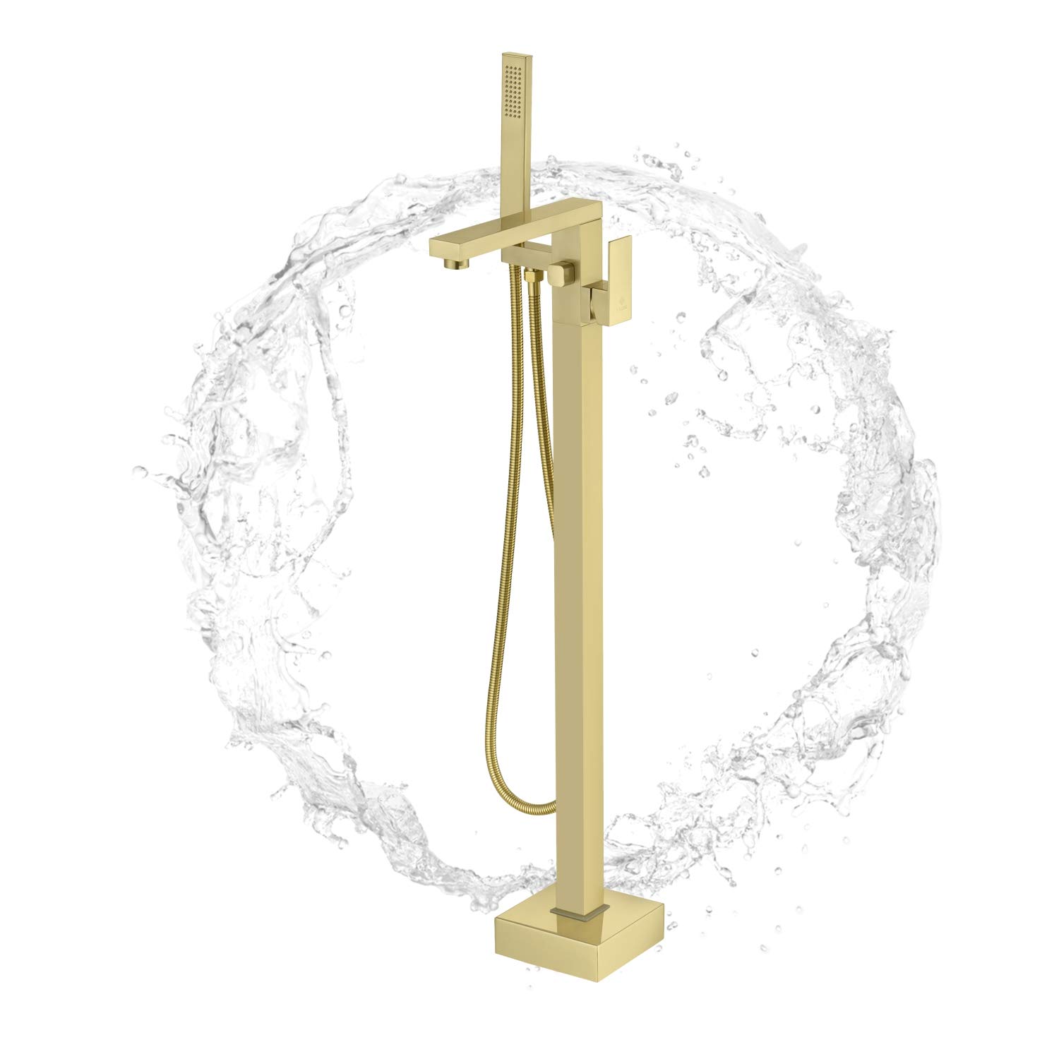 Kalog Single Handle Freestanding Bathtub Faucet with Square Handheld Shower - Brushed Gold Floor Mount Tub Filler for Luxury Bathroom & Spa Experience