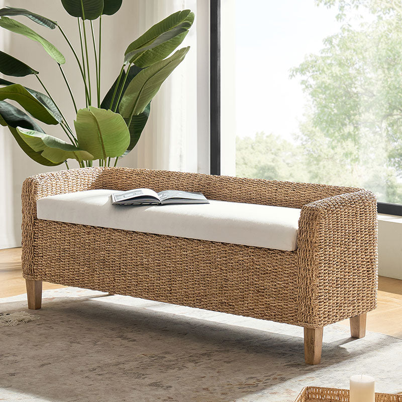 Natural Rattan Storage Bench with Removable Cream Cushion - Modern Woven Seat with Hidden Compartment for Entryway, Bedroom or Patio Decor