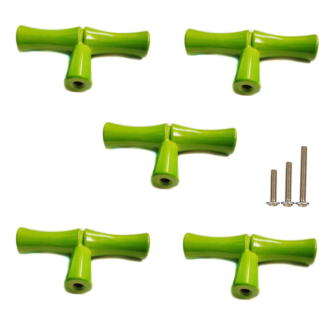 5Pcs Bamboo Cabinet Knobs - Solid Zinc Alloy Single Hole Drawer Pulls, Dresser & Closet Door Handles - Decorative Furniture Hardware (Green) for Kitchen Cabinets, Bathroom Vanities & Bedroom Dressers