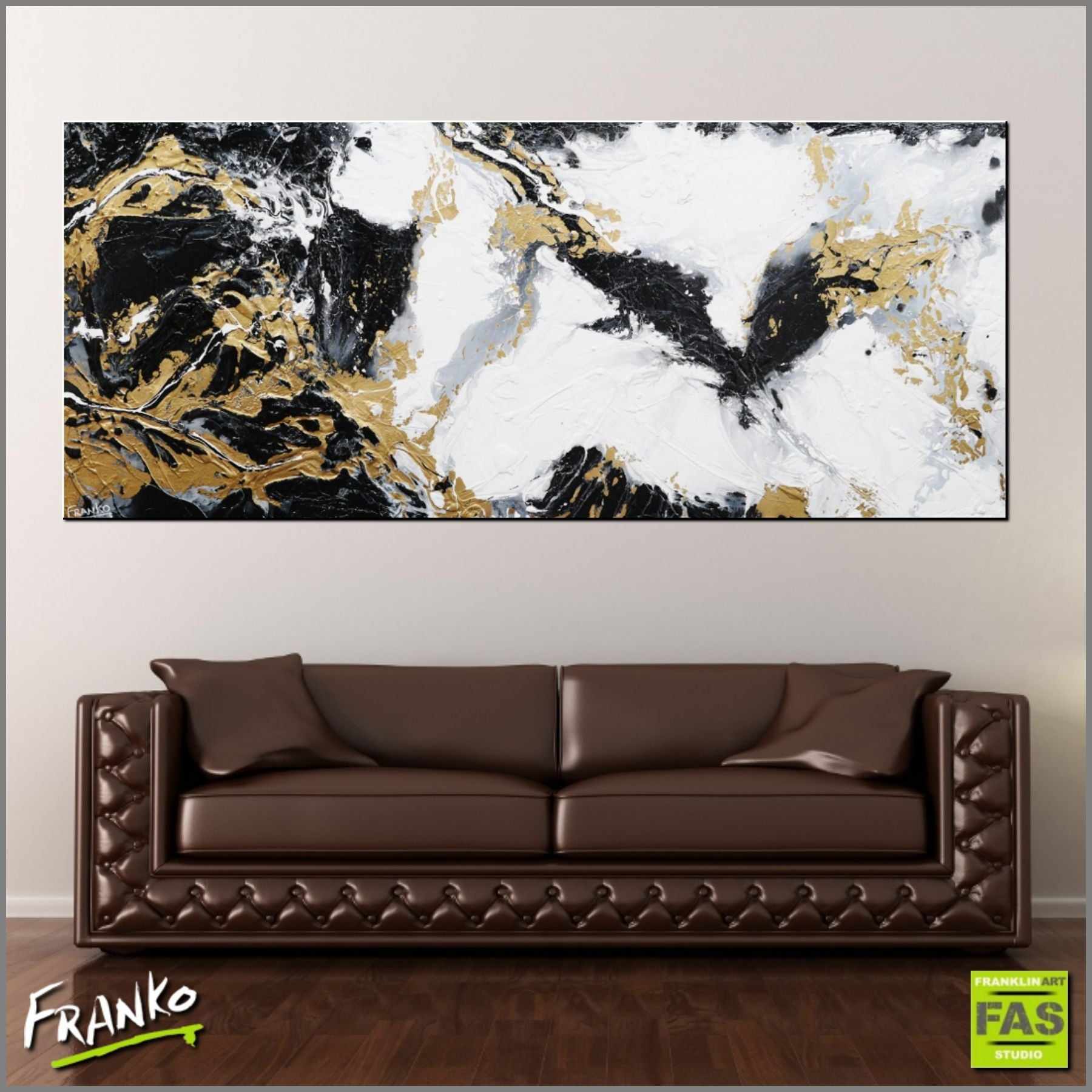 Golden Veins 240cm x 100cm Gold Black White Abstract Canvas Art - Large Modern Wall Painting for Living Room, Bedroom & Office Decor