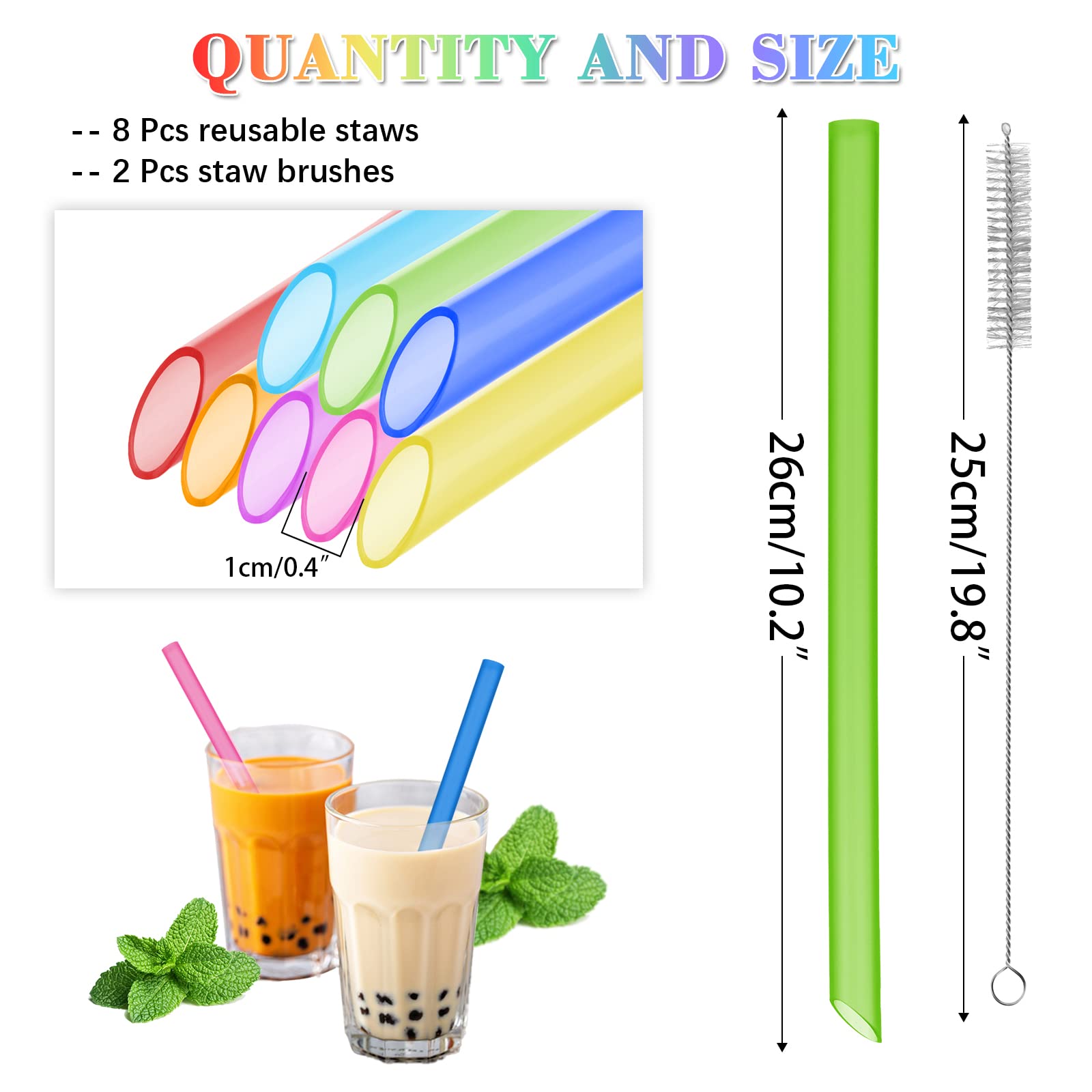 8 Pack Reusable Plastic Straws - 10mm x 26cm Straight Colorful Drinking Straws with 2 Cleaning Brushes for Bubble Tea, Juice, Soda & Smoothies | Perfect for Parties, Picnics & Home Use