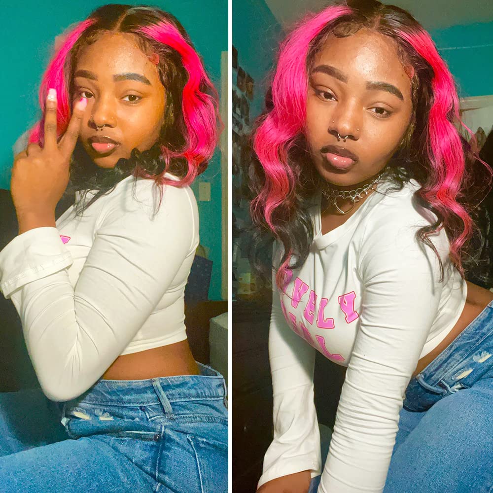 13x4 HD Lace Front Wig - Pink & Red Skunk Stripe Human Hair Wigs for Black Women | Brazilian Virgin Hair with Pre-Plucked Baby Hair | 26 Inch | Perfect for Cosplay, Parties & Fashion Looks