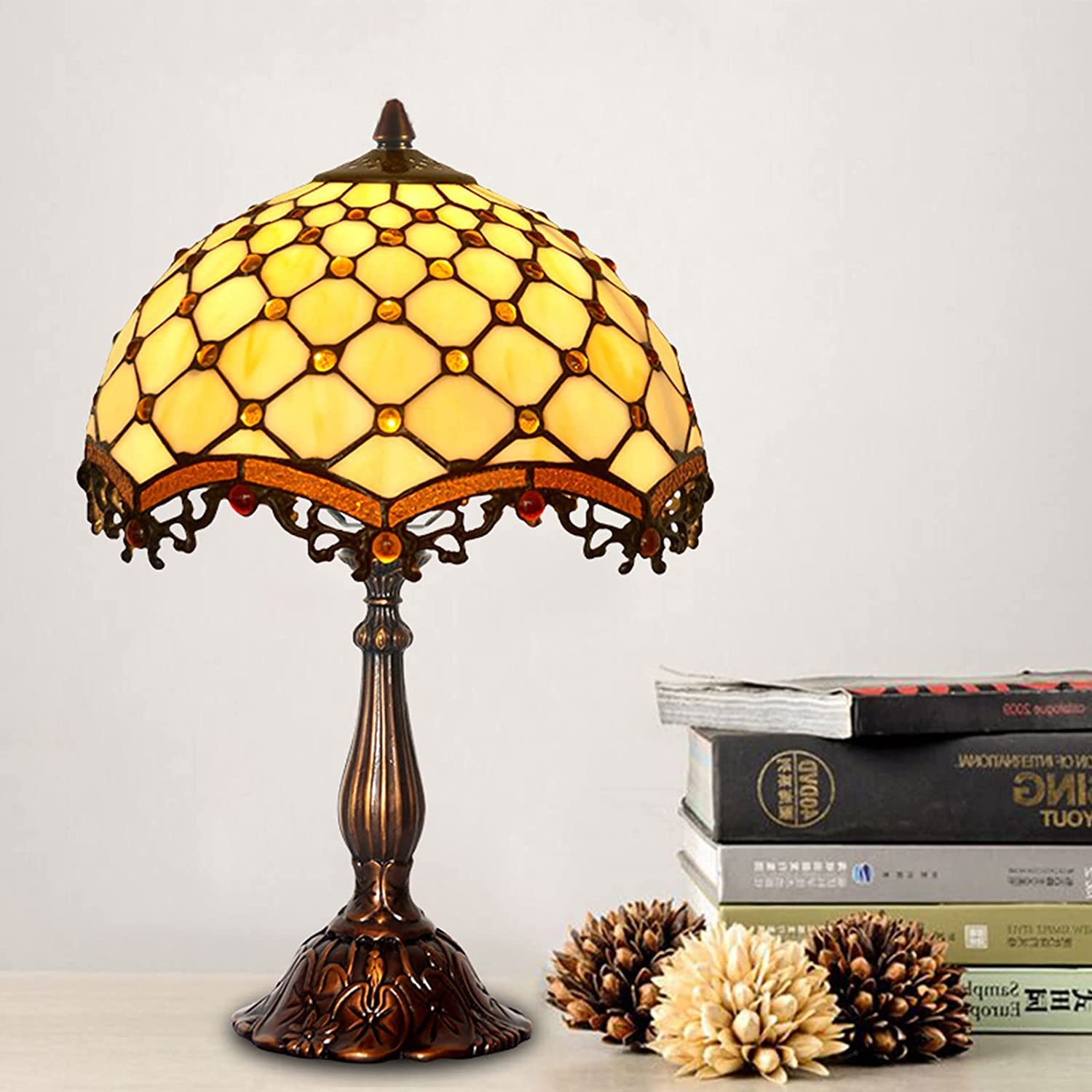 **Tiffany Style Stained Glass Table Lamp - Handmade Yellow Crystal Bead Desk & Bedside Night Light - Antique Art Craft Gift for Home, Living Room, Bedroom, Office (Perfect for Reading, Decor & Cozy Ambiance)**