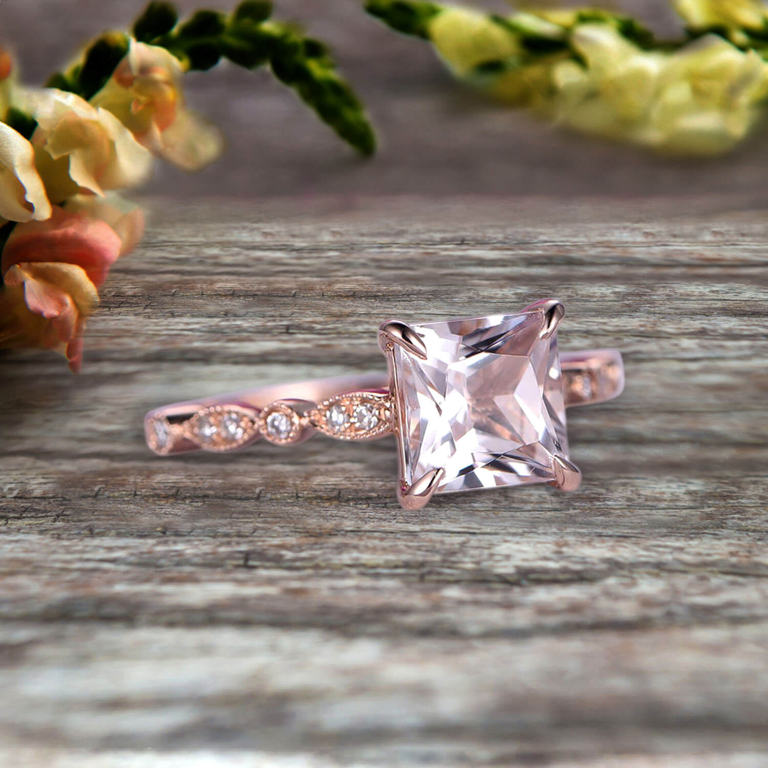 1.25 Carat 6mm Princess Cut Pink Morganite Engagement Ring with Moissanite Diamond Accents in 10k Rose Gold, Art Deco Style for Wedding, Proposal, Anniversary Gift
