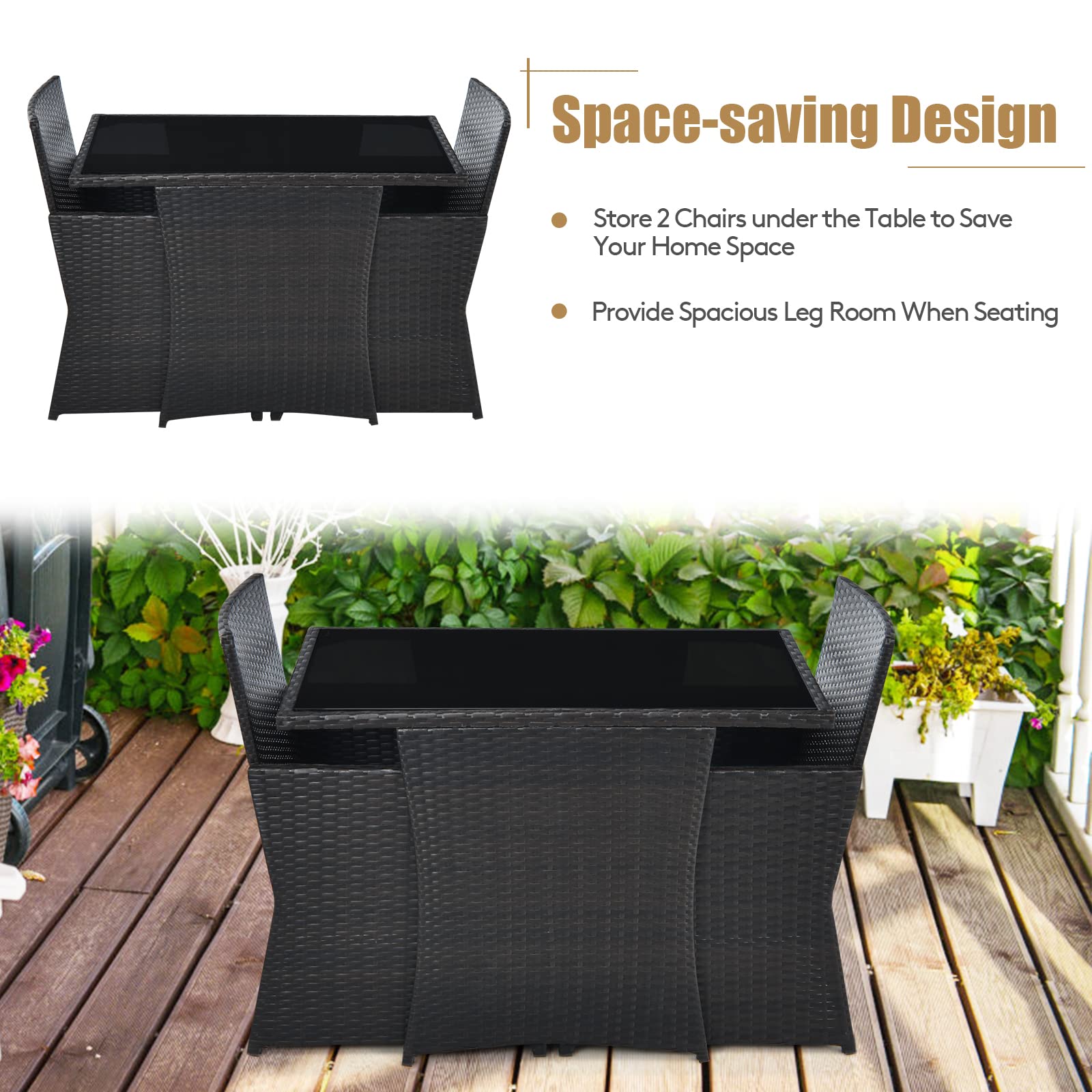 Tangkula 3-Piece Outdoor Dining Set - PE Rattan Bistro Table with Tempered Glass Top & Cushioned Chairs, Space-Saving Patio Furniture for Garden, Backyard, Poolside, Porch - Perfect for Al Fresco Dining & Outdoor Entertaining (Red)