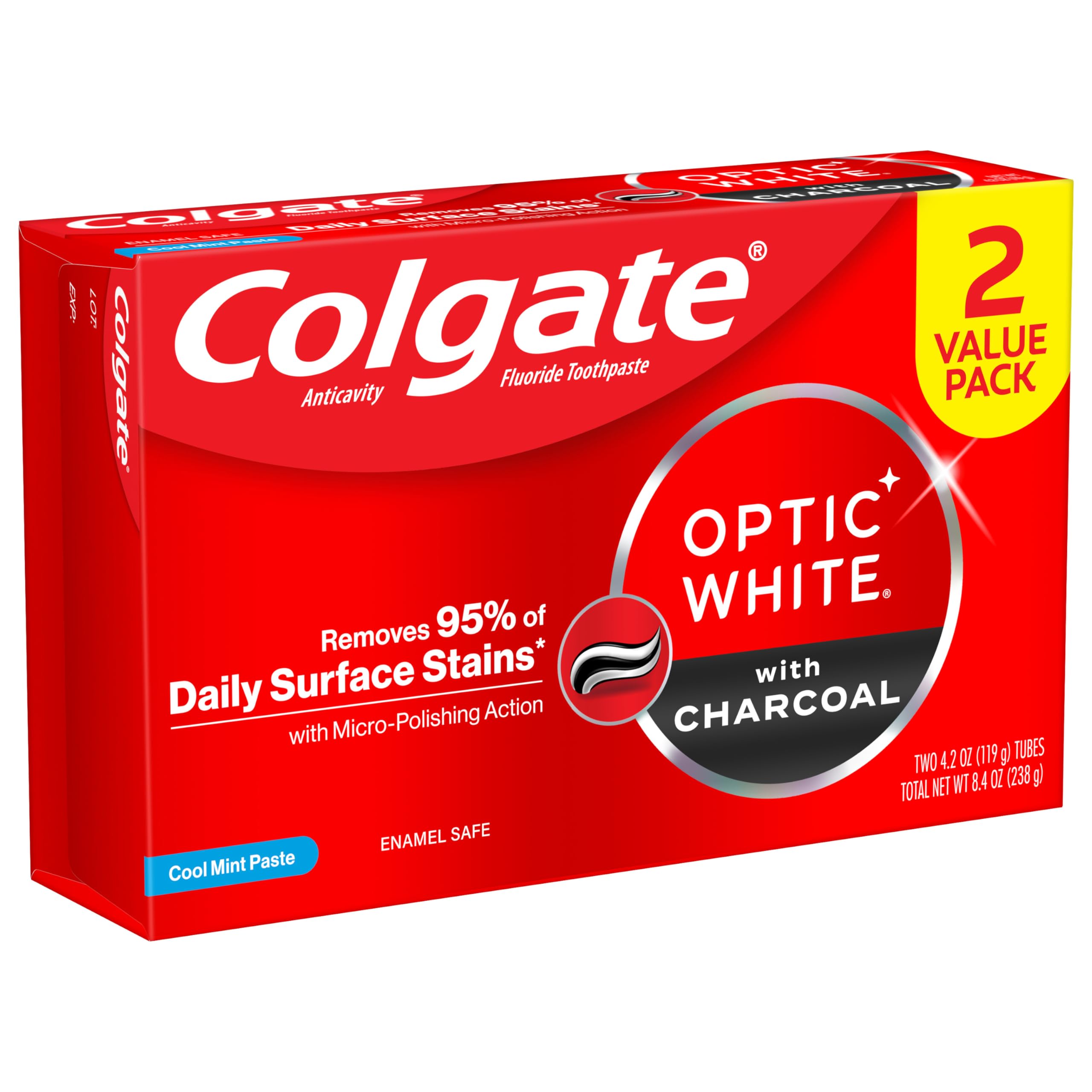 Colgate Optic White Charcoal Whitening Toothpaste - Cool Mint Flavor, Enamel-Safe with Fluoride, 2 Pack (4.2oz Tubes) | Teeth Stain Removal & Fresh Breath for Daily Oral Care
