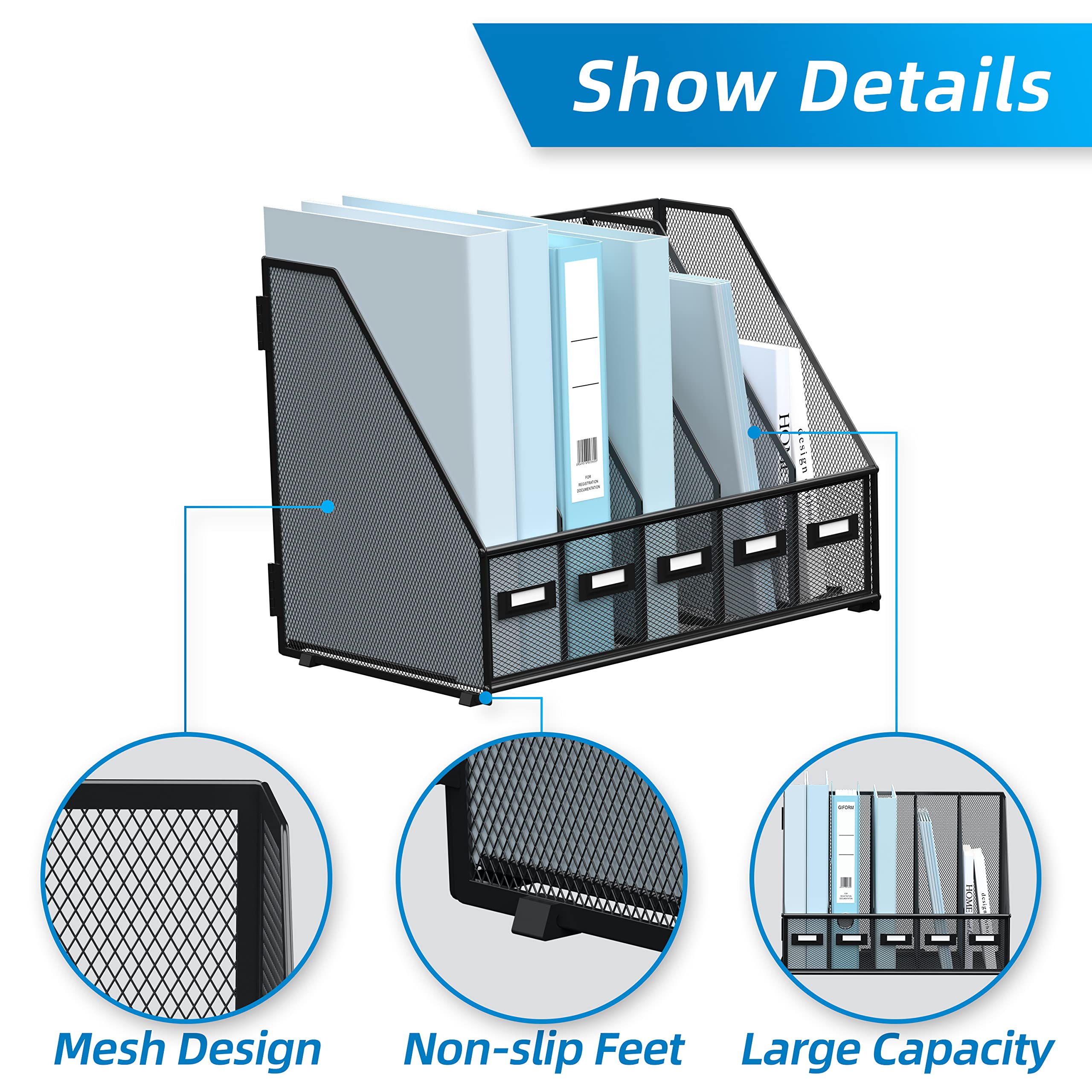 SUPEASY Metal Desk Organizer with 5 Vertical Compartments - Black Magazine File Holder for Office, Home Workspace | Perfect for Organizing Documents, Books, and Office Supplies on Your Desktop