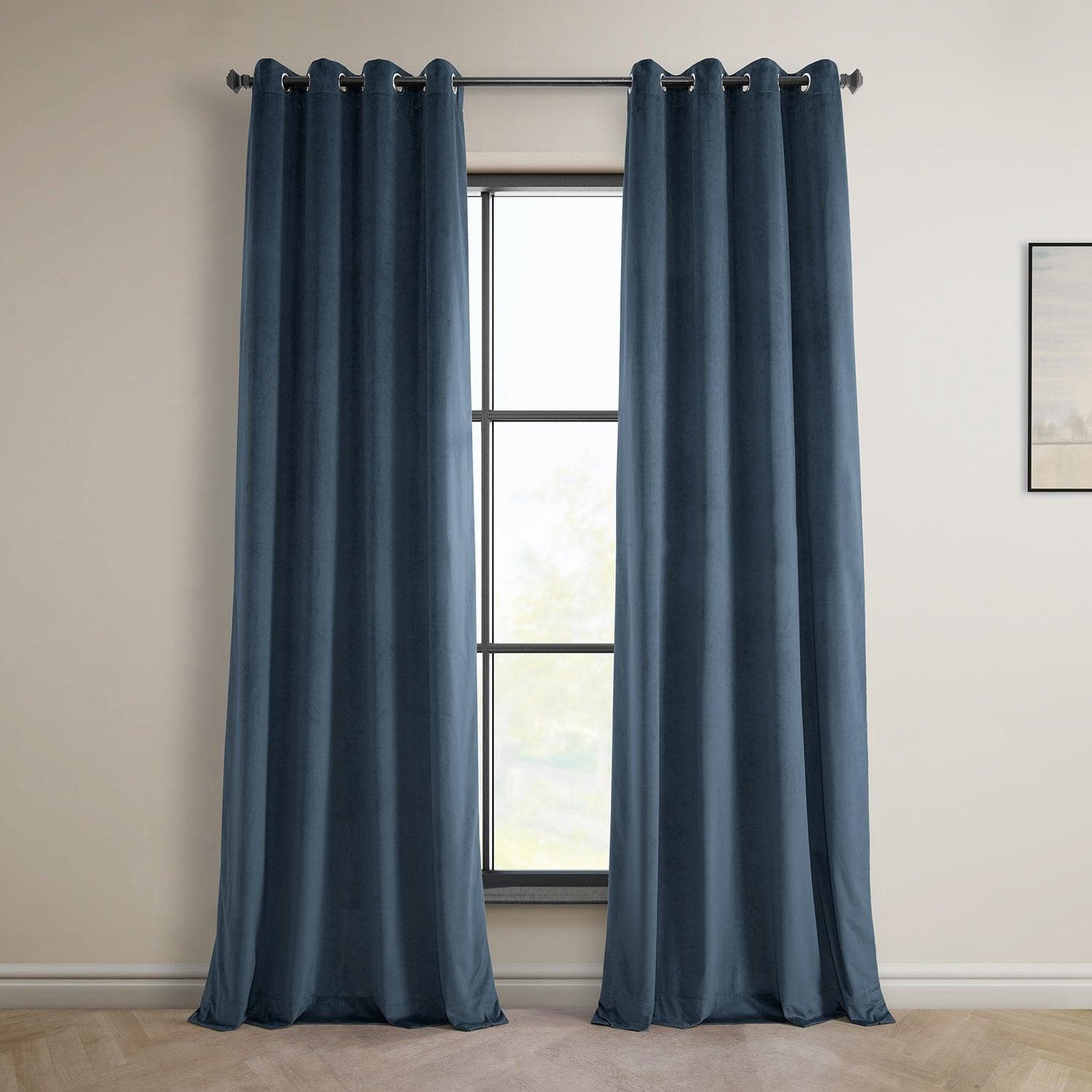 London Blue Grommet Heritage Plush Velvet Blackout Curtains for Bedroom - Thermal Insulated Window Drapes for Living Room & Nursery