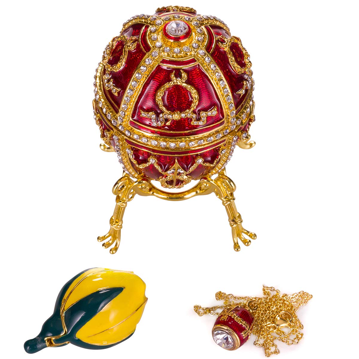 Danila-Souvenirs Faberge Style Rosebud Egg Jewelry Box - Floral Trinket Box with Pendant, 3.8 Inch (9.5 cm) Red - Perfect Gift for Mother's Day, Valentine's & Jewelry Storage