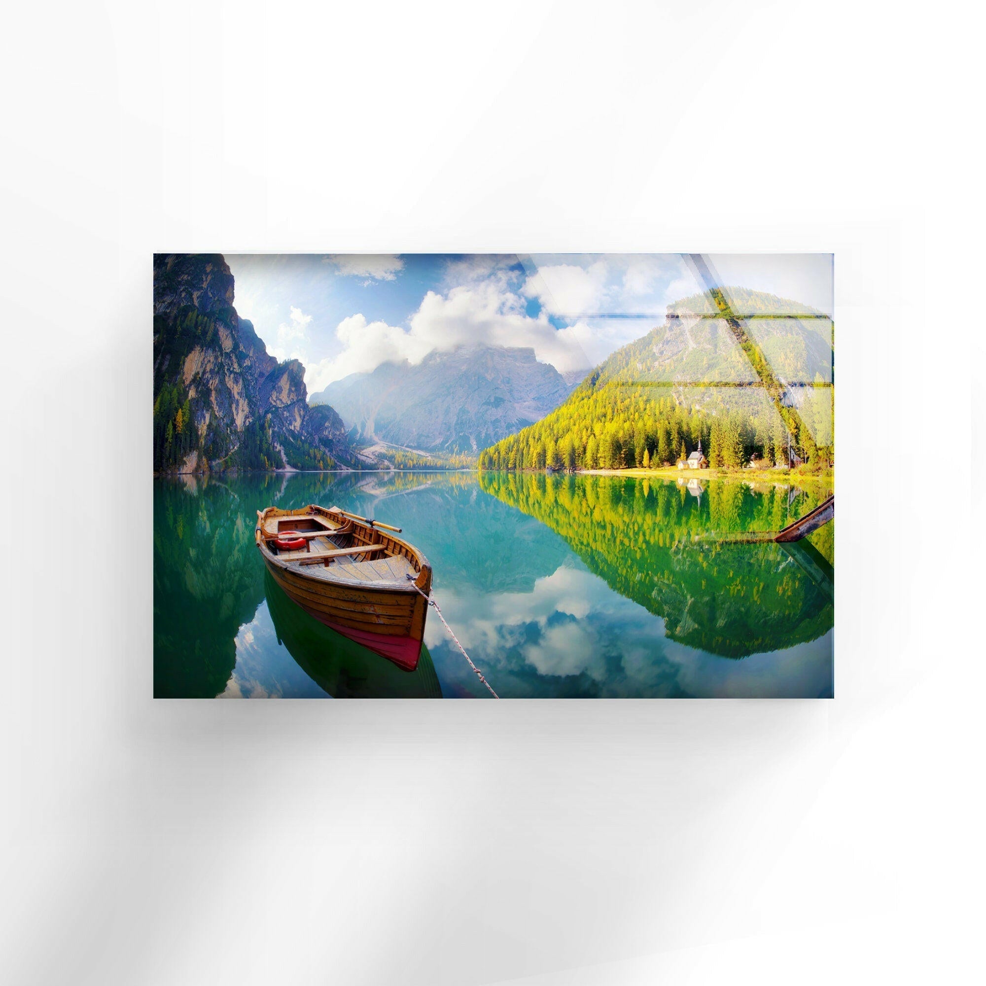 Autumn Boat on Lake Glass Wall Art - Handmade Landscape Painting for Home & Office Decor - Perfect for Living Room, Bedroom, or Office Wall Decor