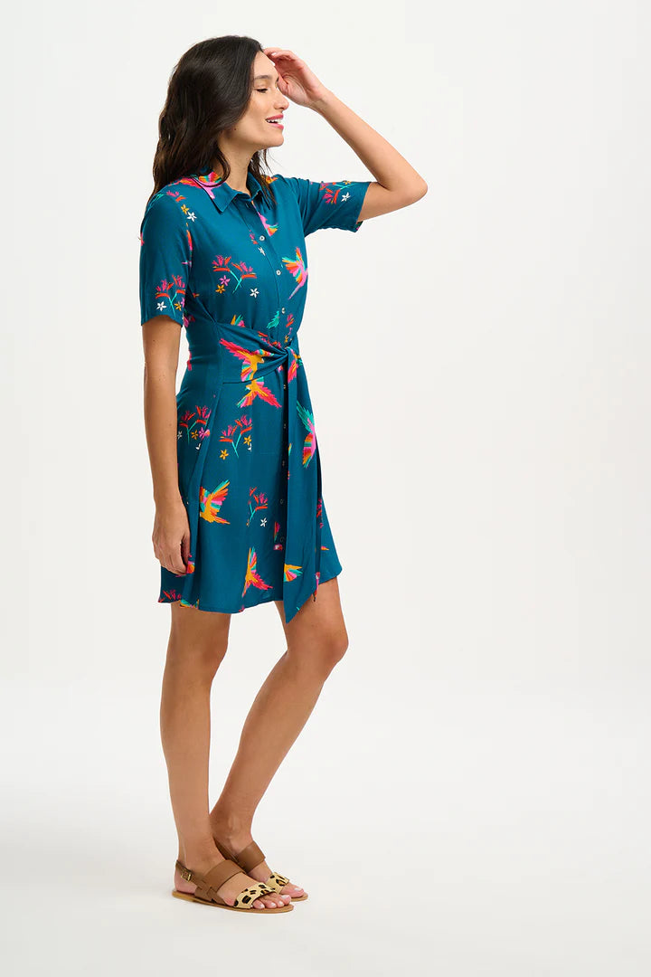 Stylish Dessie Shirt Dress with Teal Rainbow Parrots Print - Women's Flowy Casual Tunic Top for Summer Outings, Beach Vacations & Boho Fashion