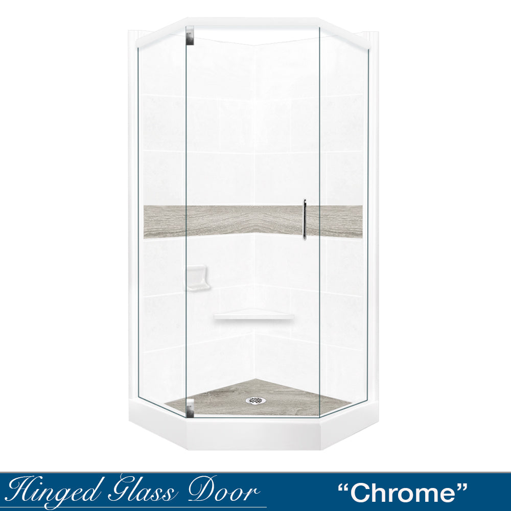 DIY Shower Remodel Kit - Neo Angle Natural Buff Sistine Stone & Sterling Oak Wood Accent | Waterproof Bathroom Upgrade for Modern Homes | Perfect for Bathroom Renovation & Luxury Spa Experience