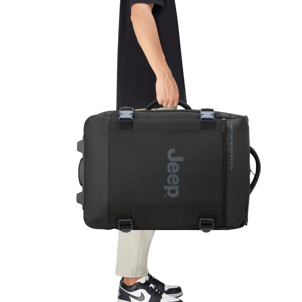 Jeep 2 Wheel 55cm Rolling Duffle Bag - Black Travel Luggage for Camping, Gym & Weekend Getaways | Water-Resistant Durable Carry-On Bag