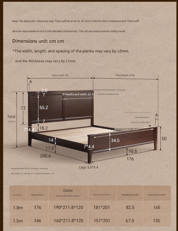Solid Poplar Wood Bed - Modern American Retro High Back Bed Frame for Bedroom, Guest Room & Master Suite
