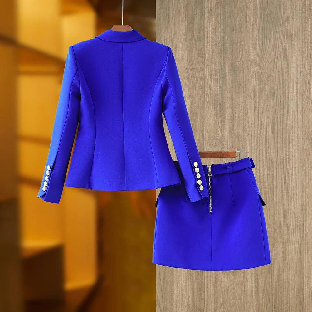 HarleyFashion Women's 2-Piece Blazer Suit Set - Solid Color Summer Blue Skirt Twin Sets, Mini Streetwear Outfit for Ladies | Office Wear, Casual Date Night, Business Attire