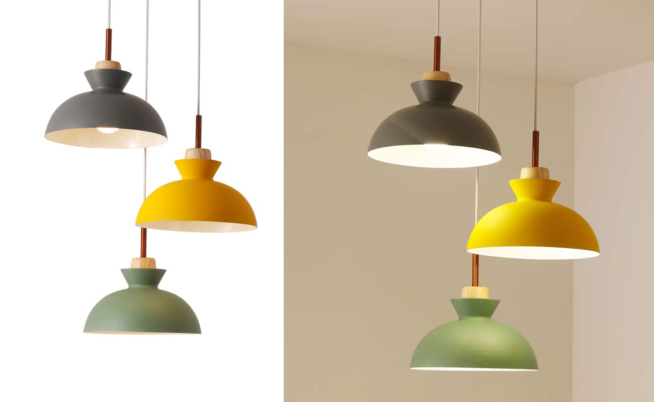 Swag Plug-in Pendant Light with Wooden Handle - 15ft UL Certified Cord & On/Off Dimmer Switch - Macaron Yellow Lampshade - Loft Style Hanging Light for Dining Room, Kitchen Island & Bedroom (Bulbs Not Included)