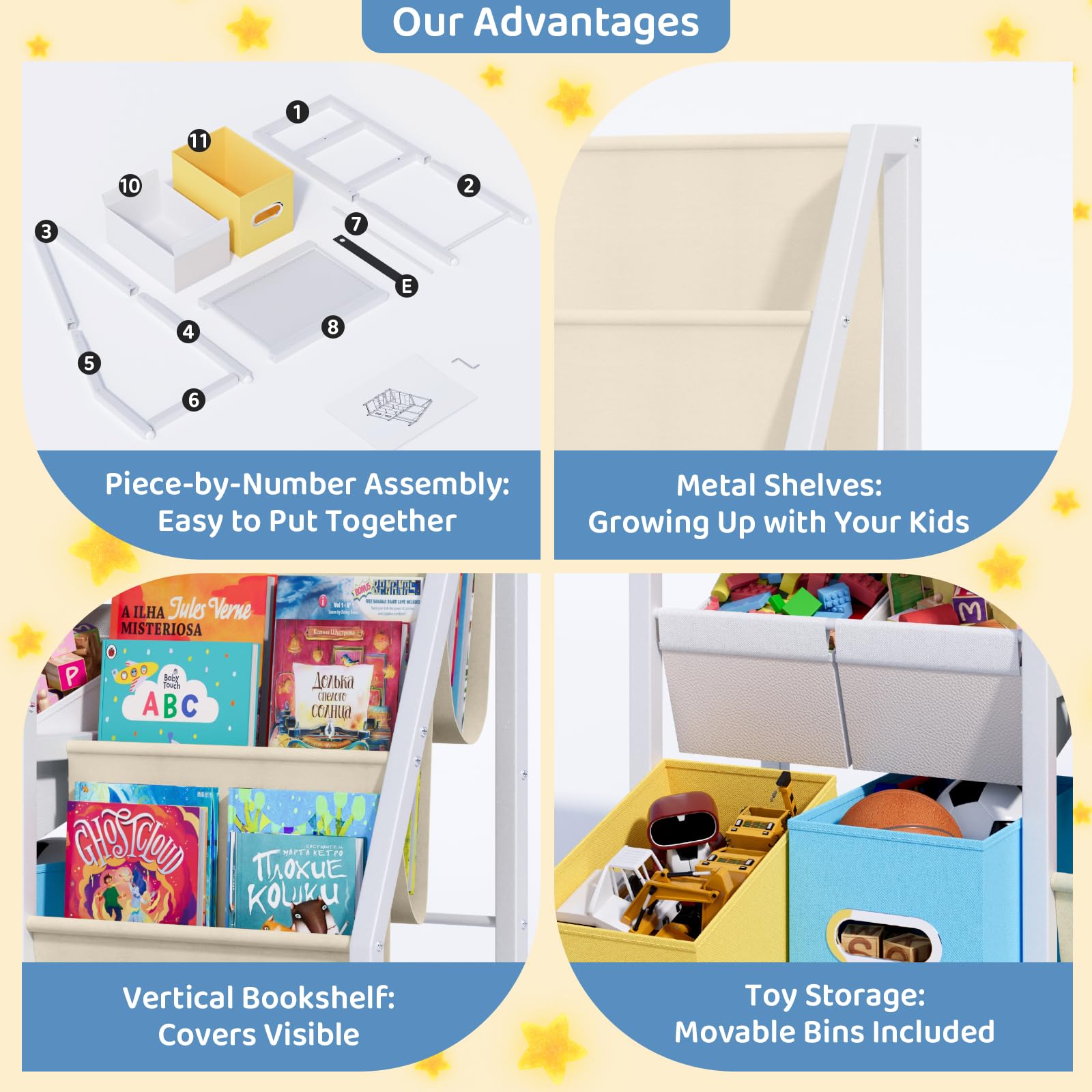 Montessori Kids Bookshelf & Toy Storage Organizer - 6 Bin Toy Organizer with 3 Sling Book Display for Nursery, Toddler & Children's Rooms | Perfect for Bedroom Organization & Playroom Storage