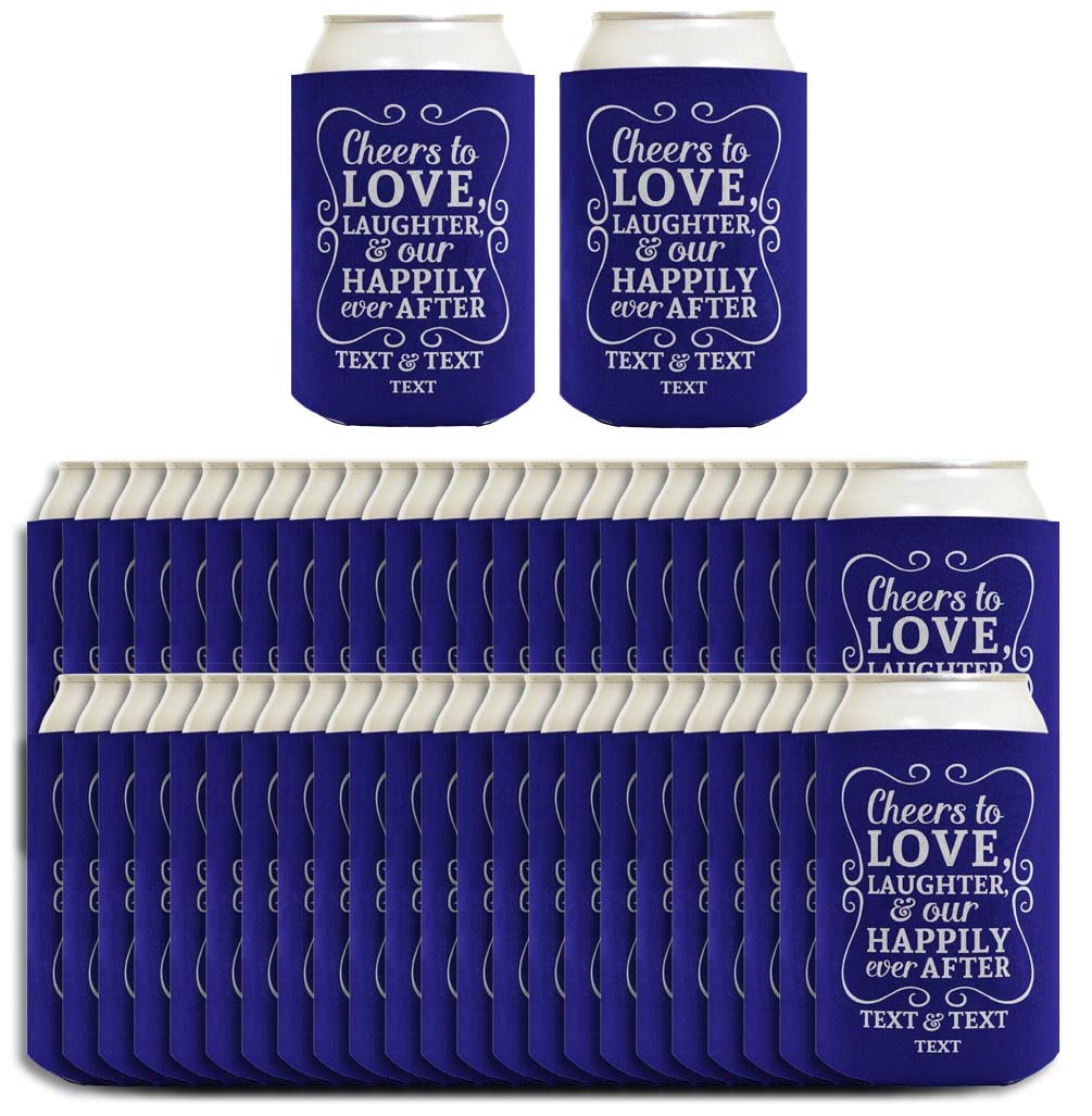 Cheers To Love Custom Names & Date 96-Pack Personalized Can Coolie Drink Coolers - Sapphire Blue - Perfect for Weddings, Parties & Outdoor Events