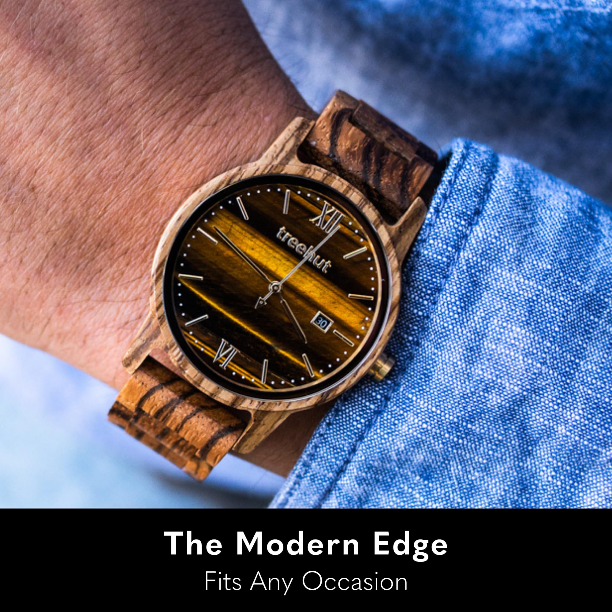 Premium Wooden Watch for Men - Real Wood Strap with Stainless Steel Clasp & Silver Hands - Japanese Quartz Analog Watch with Date Display - Eco-Friendly Wooden Wristwatch in Gift Box - Perfect for Business, Casual Wear & Outdoor Adventures