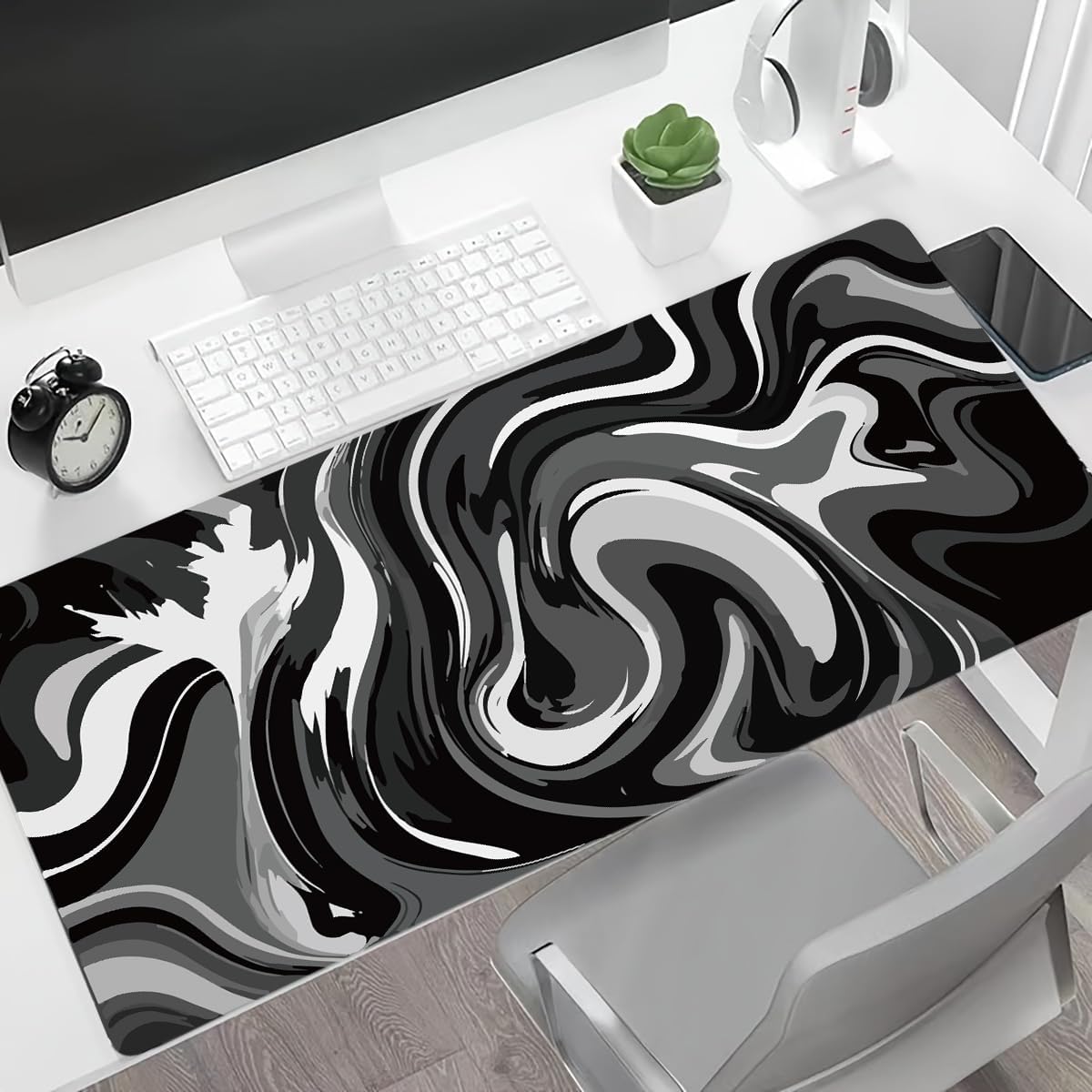 Extra Large Gaming Mouse Pad 23.6x11.8 Inch - Non-Slip Rubber Base & Stitched Edges Desk Mat for Keyboard and Mouse | Black & White Abstract Design | Perfect for PC Gaming, Office Work & Home Computer Setup