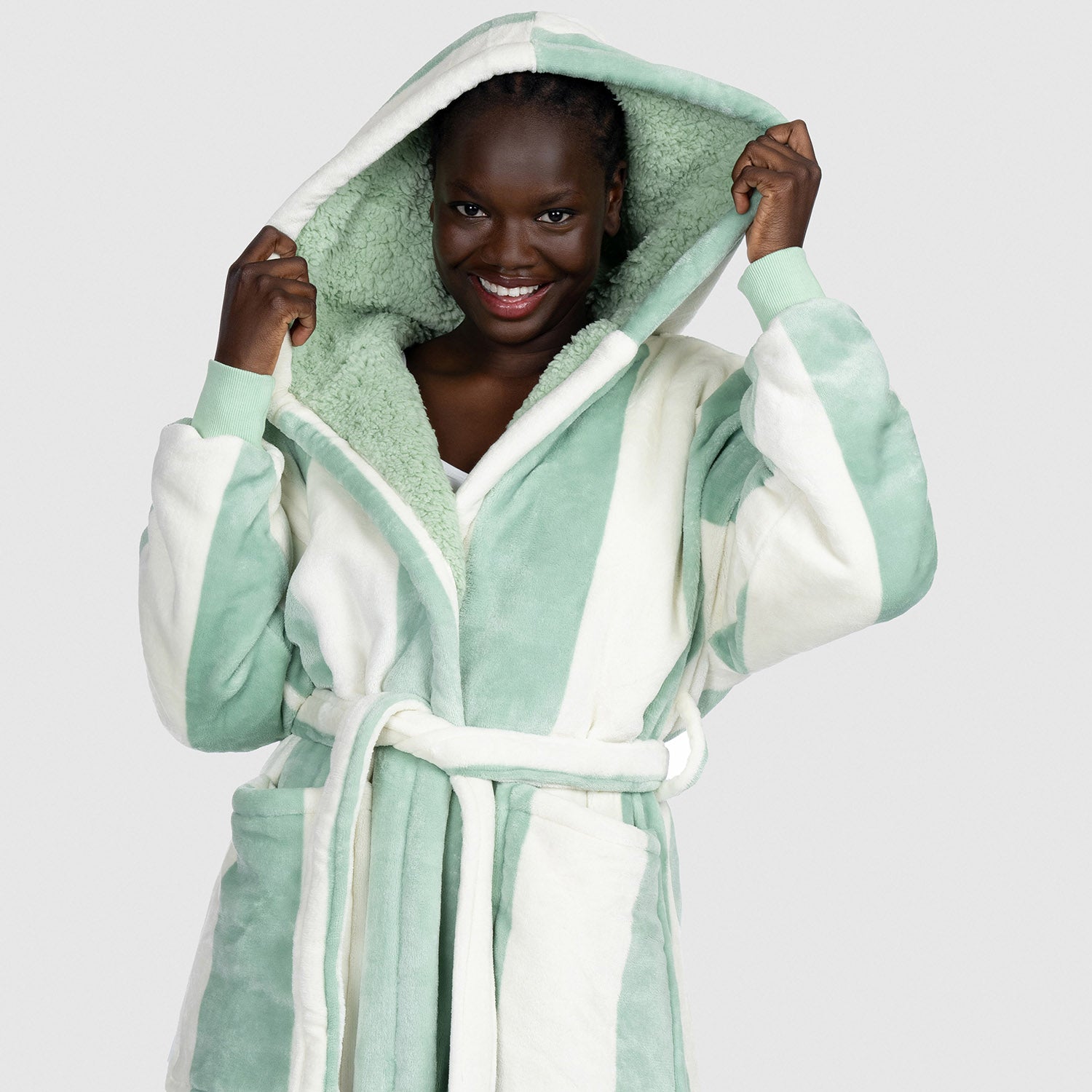 Cozy Sage Green Striped Oodie Robe - Soft Fleece Hooded Blanket Sweatshirt for Women & Men | Perfect for Lounging, Netflix Nights & Winter Comfort