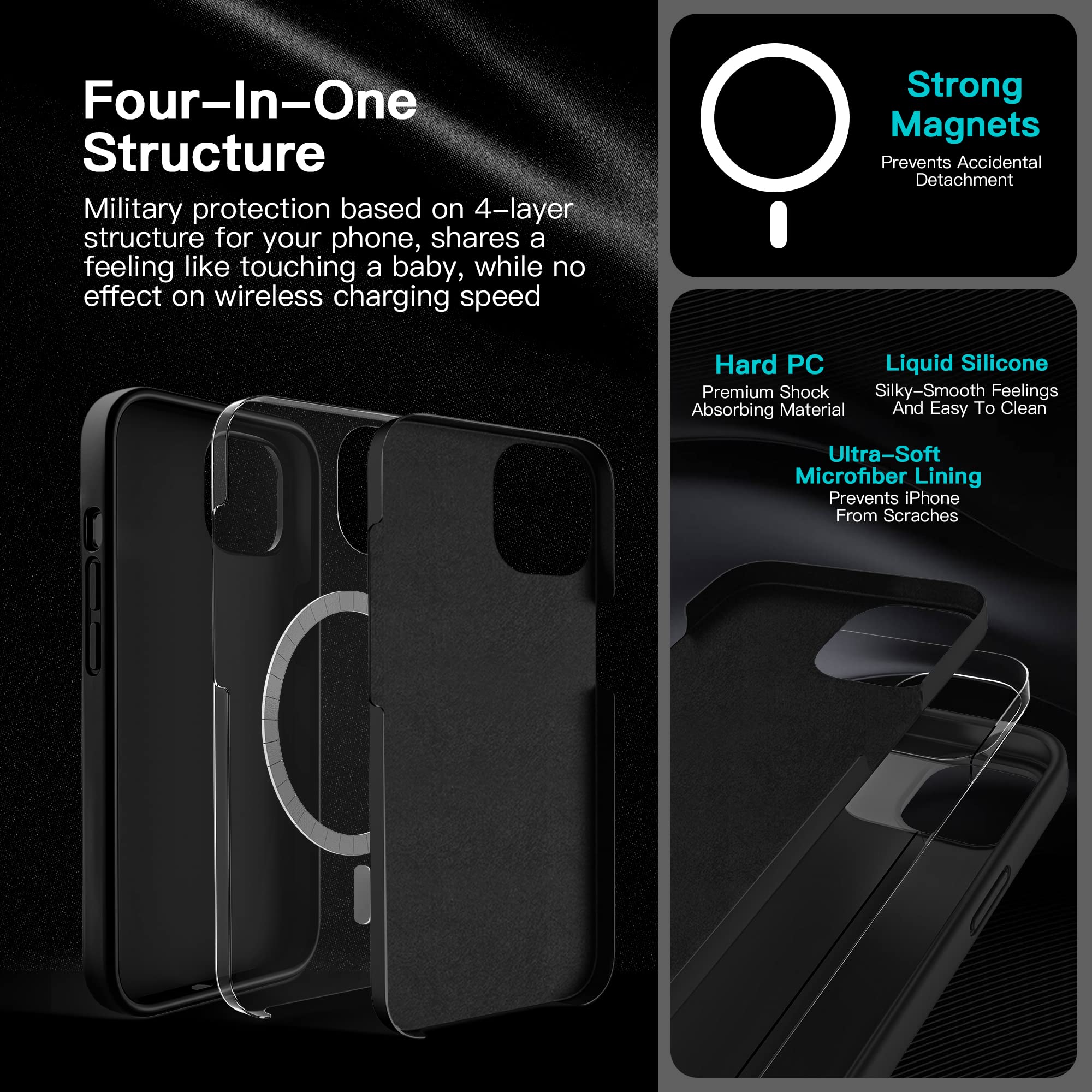 Magnetic Silicone Case for iPhone 13 - Ultra Strong Magnets, Magsafe Wireless Charging Compatible, Microfiber Lining & Liquid Silicone Gel Full Protection (Black) - Perfect for Everyday Use, Travel & Work Protection