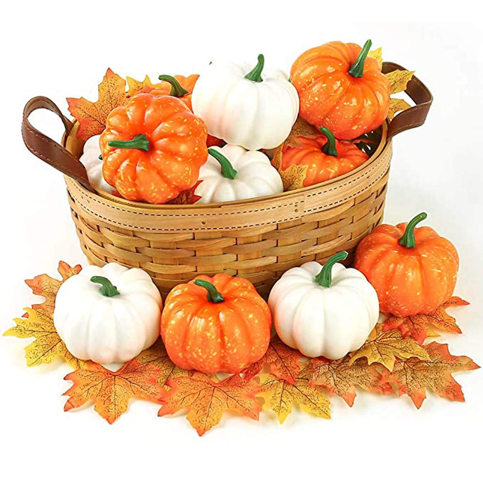 12 Pack Realistic Artificial Pumpkins with 30 Fake Maple Leaves - Lifelike Fall Decor for Thanksgiving, Harvest Festival, Home & Table Centerpiece Decoration