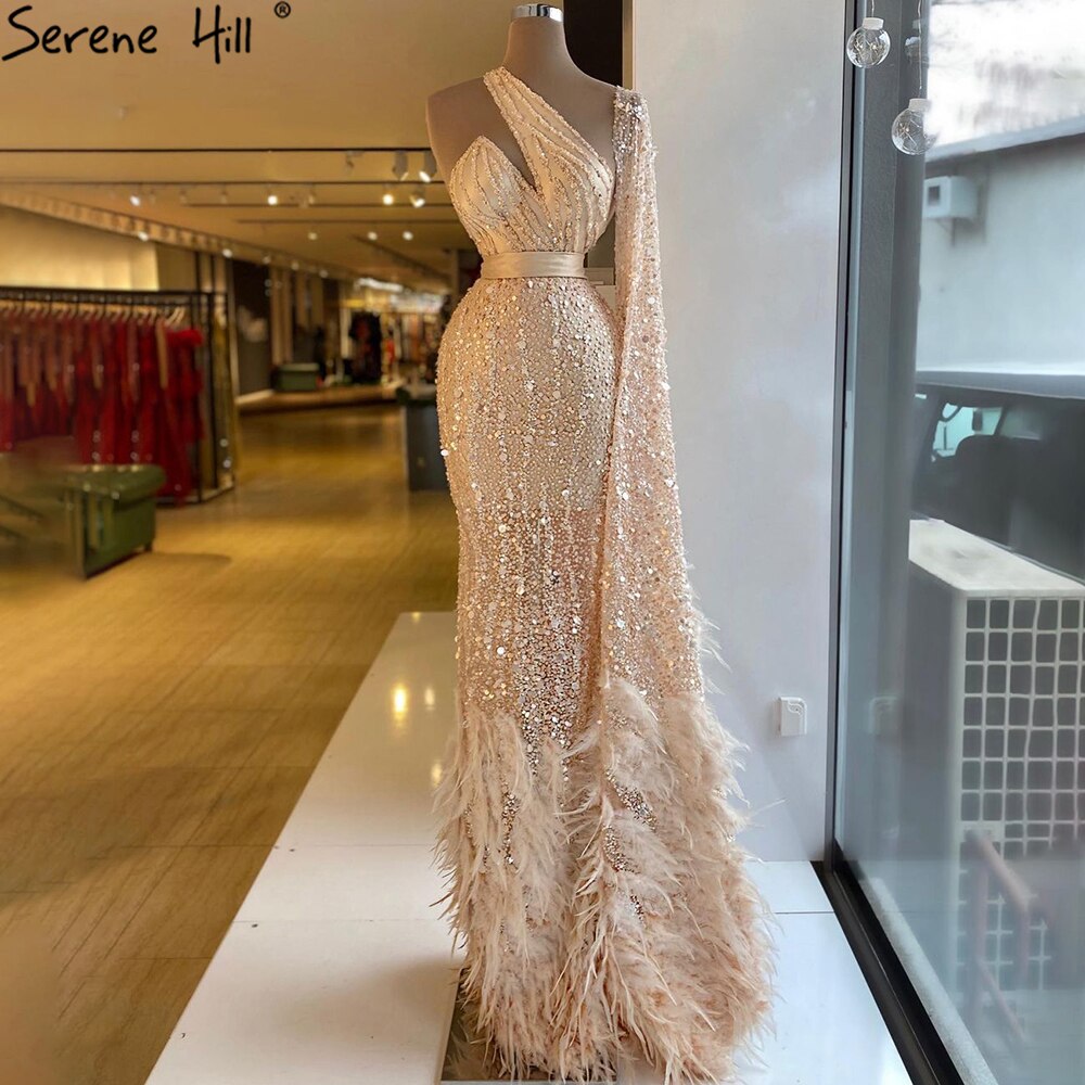Elegant Gold One Shoulder Mermaid Evening Dress with Feather & Beaded Details - Luxury Women's Party Gown for Prom, Wedding & Special Occasions - Serene Hill LA71096