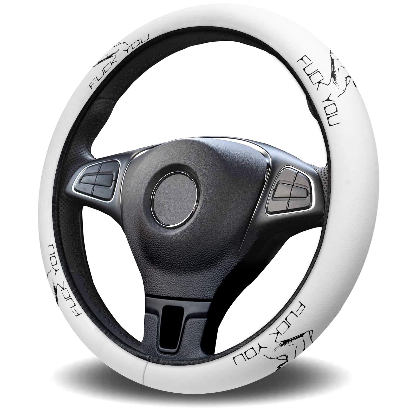 Universal 15-inch Anti-Slip Steering Wheel Cover for Cars, Trucks & SUVs - Washable White Car Accessory with Funny 'Fuck You' Design - Perfect for Daily Commuting, Road Trips & Winter Driving