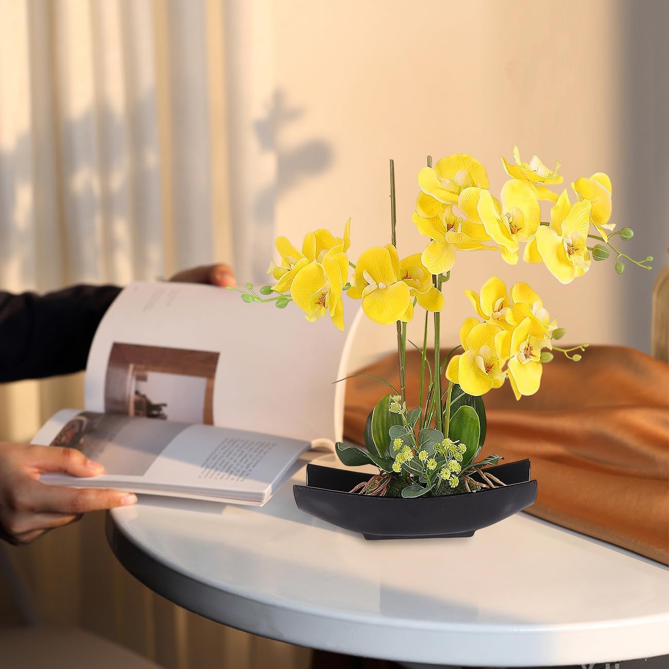 YOBANSA Real Touch Silk Orchid Artificial Flowers in Pot - Lifelike Phalaenopsis Fake Orchid Arrangement for Home Decor (Yellow) | Perfect for Living Room, Office & Wedding Centerpieces