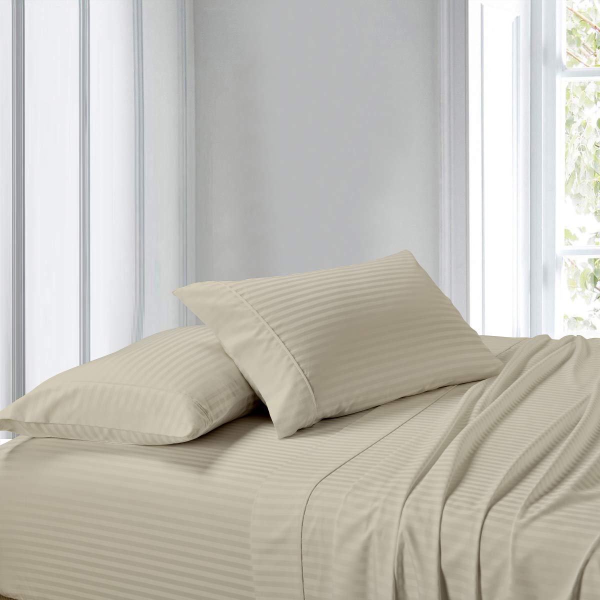 Premium Set of 2 Beige 300-Thread Count Striped King Size Pillowcases - Soft Luxury Bedding for Master Bedroom & Guest Room