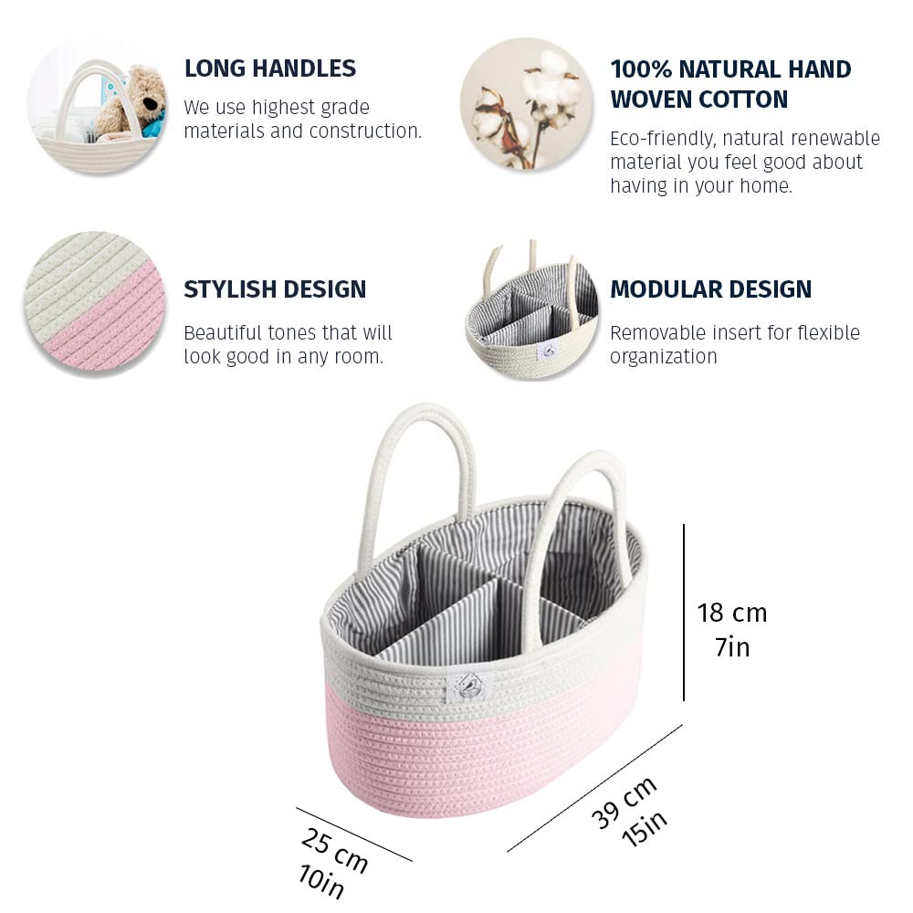 OrganiHaus Rope Diaper Caddy Basket - Baby Changing Station Organizer with Dividers & Handles | Nursery Storage Solution | Perfect Baby Shower Gift for Newborns | Pink Changing Table Basket for Diapers, Wipes & Essentials
