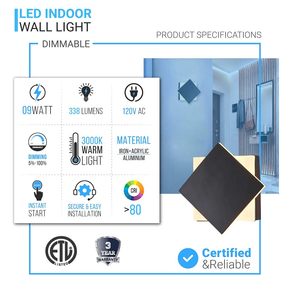 LEDMyplace 9W Modern Wall Sconce Light - 3000K Warm White, 338 Lumens, 120V, High CRI, Acrylic Shade, Matte Black Finish - Perfect for Bathroom, Bedroom, Hallway & Indoor Decorative Lighting