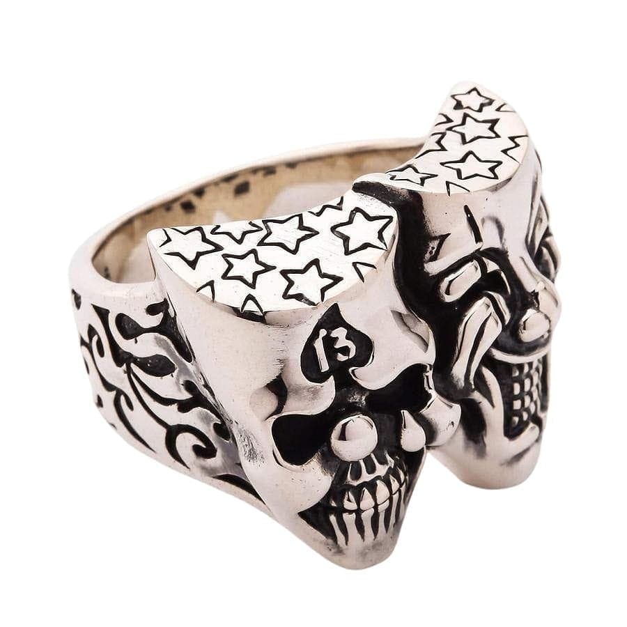 Joker Clown Sterling Silver Skull Ring for Men - Gothic Punk Jewelry for Halloween Costume & Cosplay - Unique Handmade 925 Silver Statement Ring