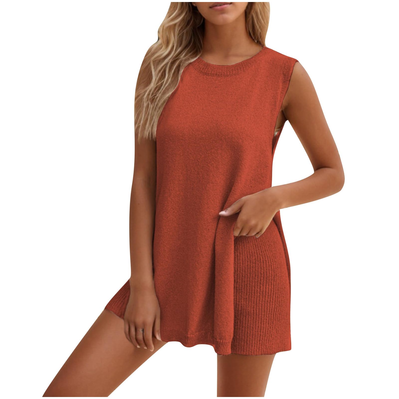Women's Summer Sweater Sets - 2 Piece Knit Tank Top & Ribbed Shorts Outfit for Beach Vacation, Lounge Wear & Casual Outings | Soft Cotton Blend Comfort Outfit for Women
