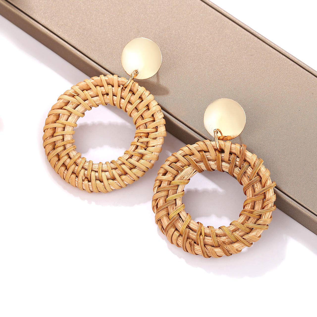 Boho Rattan Drop Hoop Earrings for Women - Handwoven Straw Teardrop Dangle Statement Earrings Set - Perfect for Summer Festivals, Beach Vacations & Boho Chic Outfits