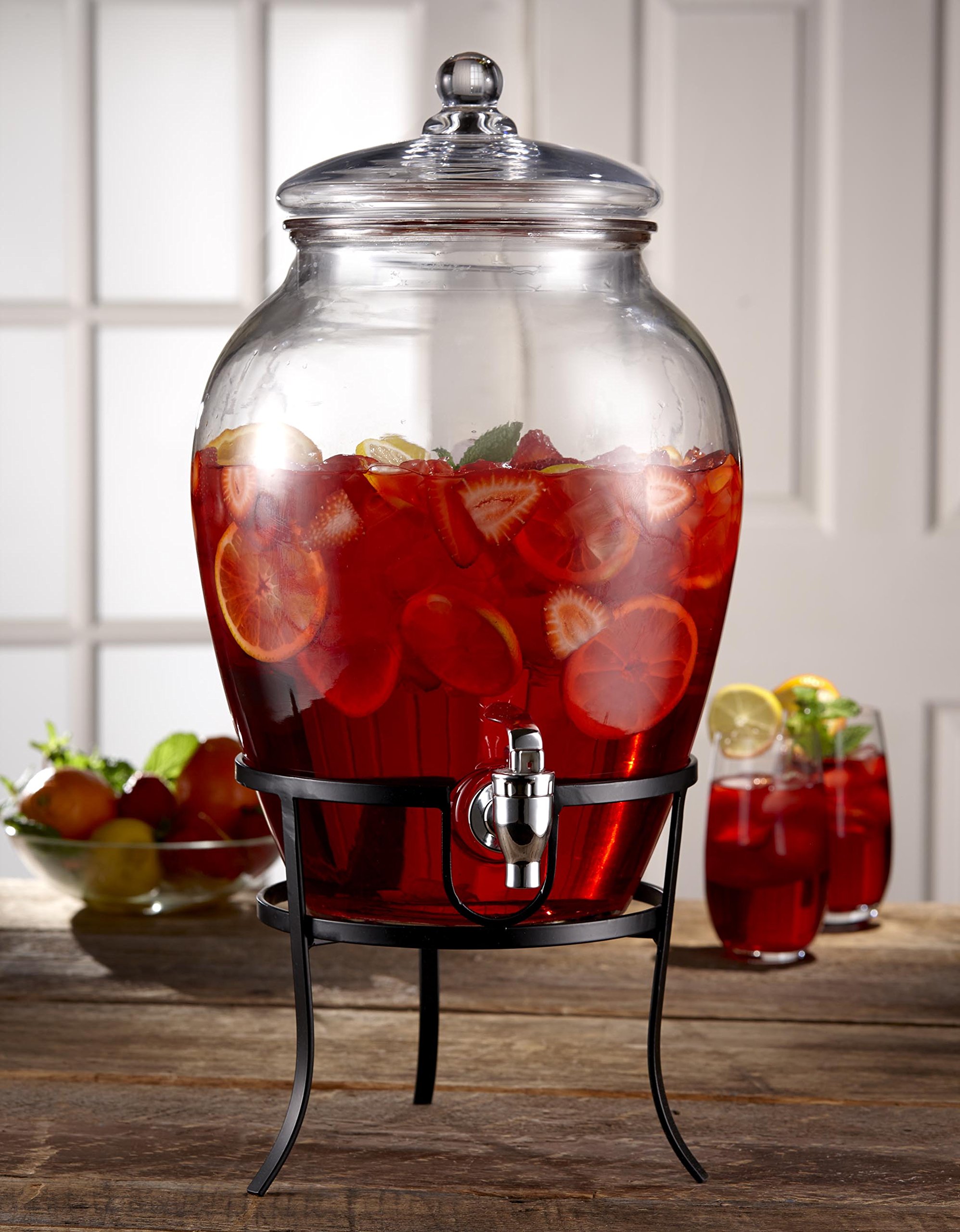 Premium Glass Beverage Dispenser with Metal Stand & Leak-Proof Acrylic Spigot - 2.5 Gallon Cold Drink Dispenser for Parties, Weddings, BBQs, and Outdoor Events - Perfect for Lemonade, Iced Tea, Sangria, and Punch - Elegant Style Setter for Home Entertaining
