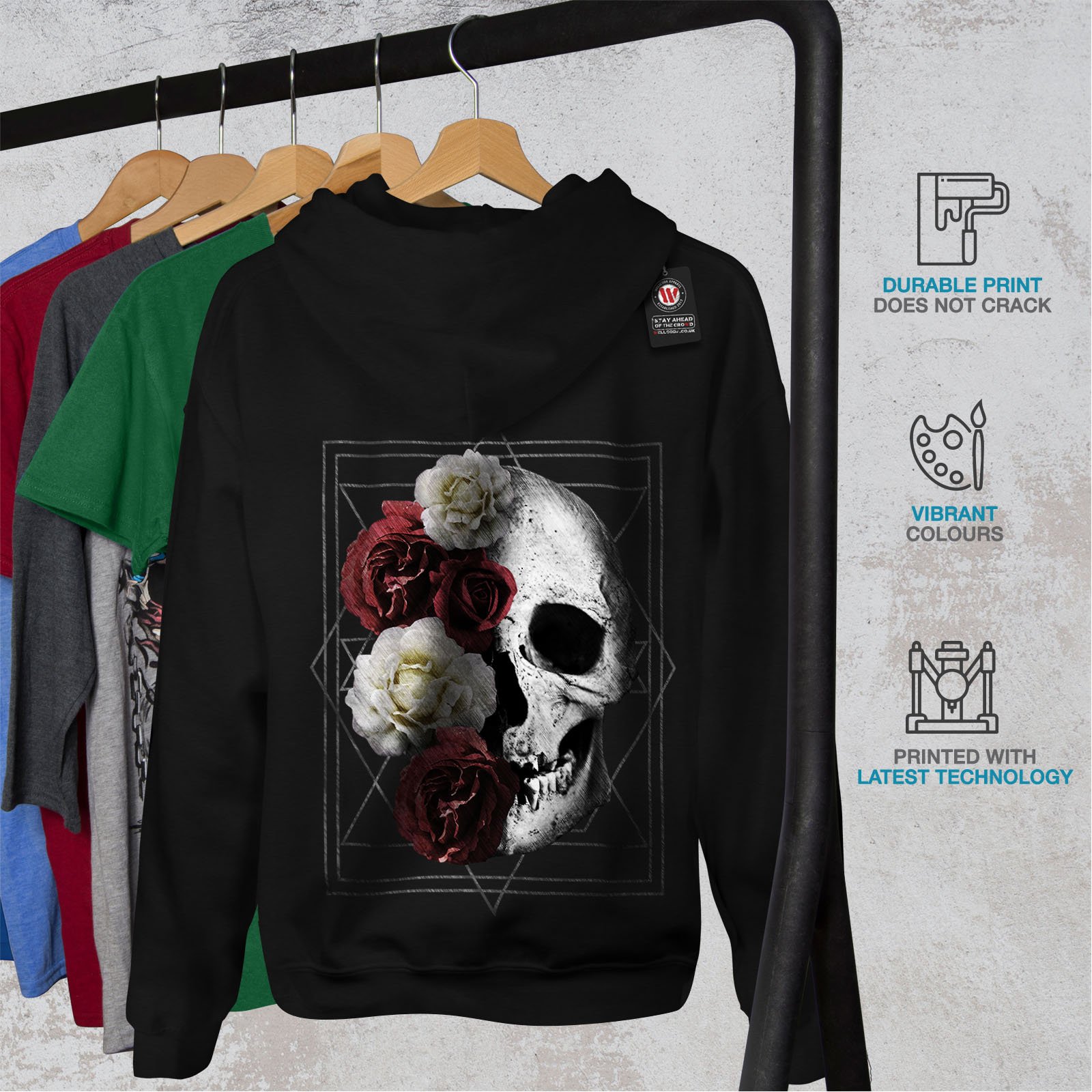 Wellcoda Skull Rose Flowers Men's Hoodie - Gothic Devil Printed Pullover Sweatshirt for Casual Streetwear & Halloween Costume
