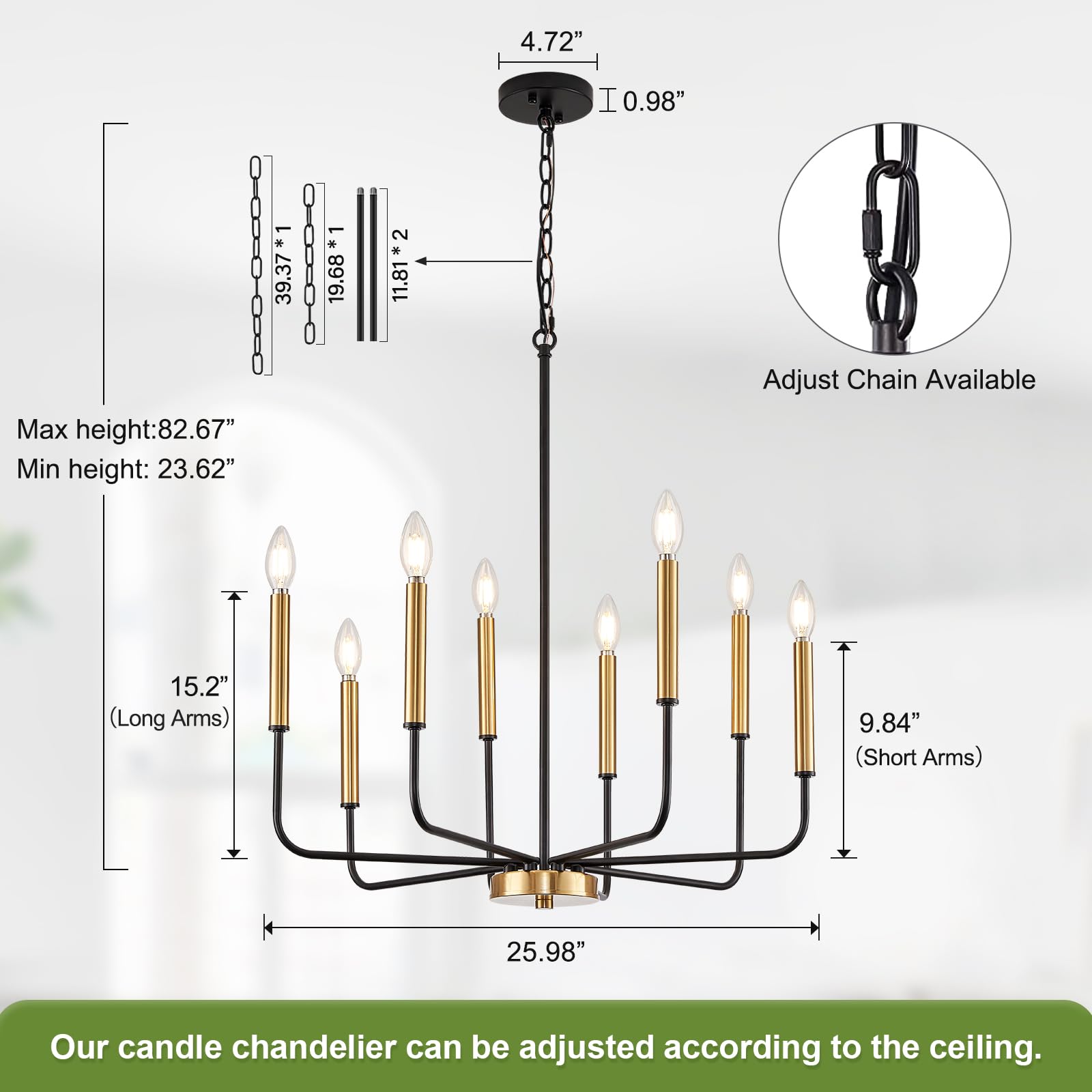 Modern Black and Gold 8-Light Farmhouse Chandelier - Metal Hanging Candle Lighting Fixture for Dining Room, Kitchen, Living Room, Foyer, Entryway & Bedroom | Elegant Ceiling Light for Home Decor, Wedding & Restaurant Ambiance