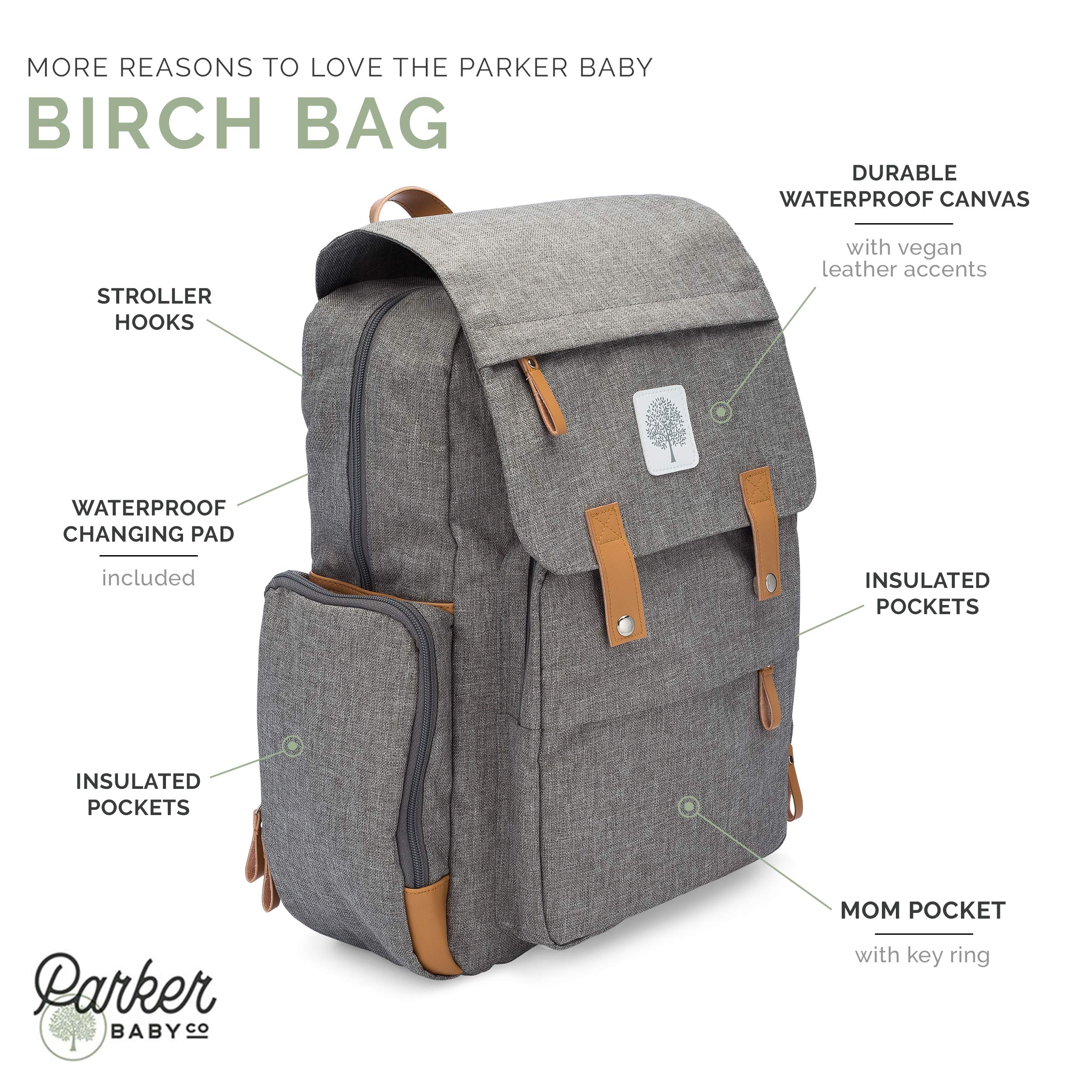 Parker Baby Diaper Backpack with Insulated Pockets & Changing Pad - Waterproof Baby Bag with Stroller Straps & Laptop Compartment | Perfect for Travel, Daycare & On-the-Go Parents (Birch Bag)