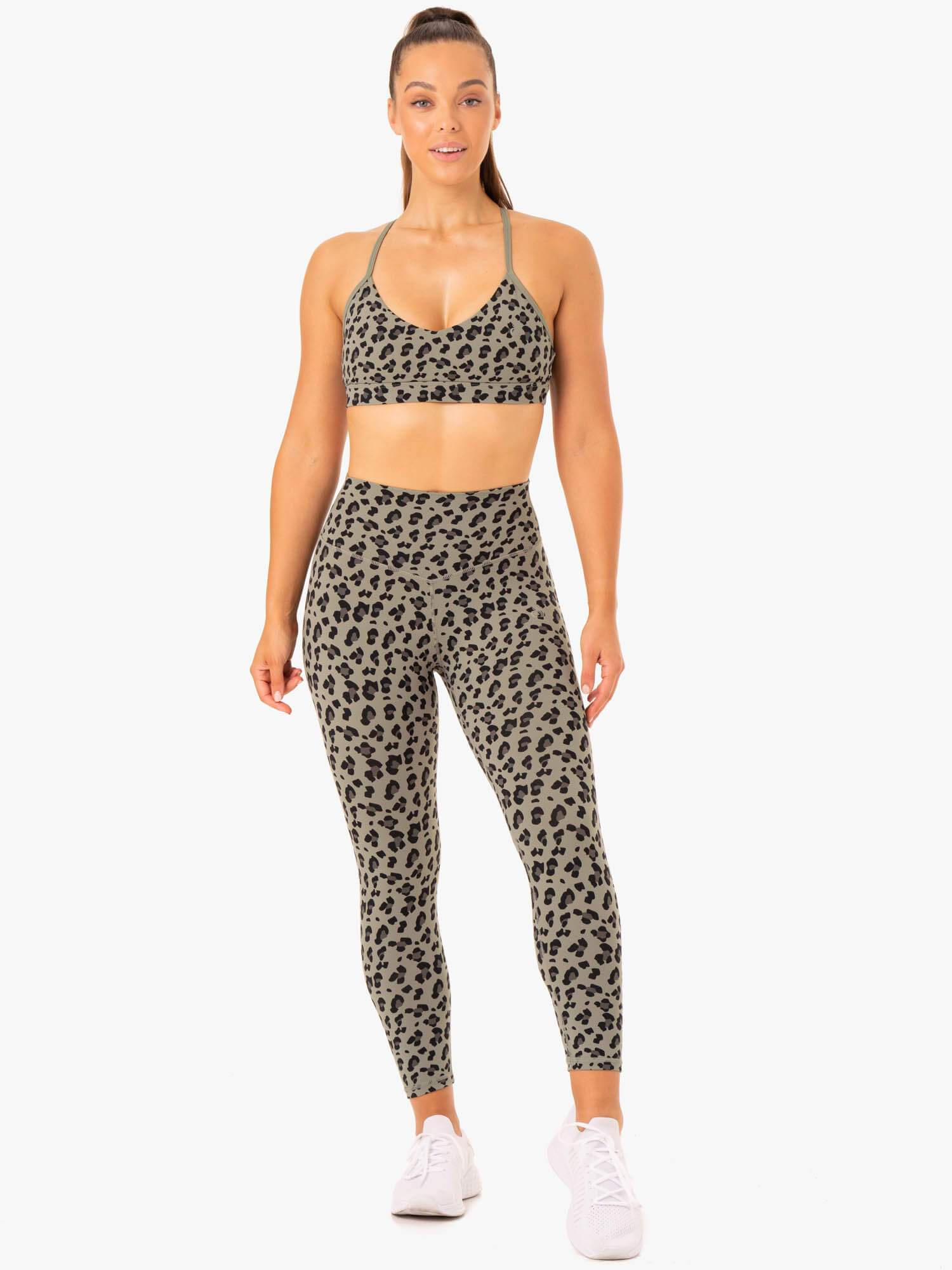 Hybrid Full Length Leggings - Khaki Leopard Print Yoga Pants for Women | High Waisted Workout Leggings for Running, Gym & Lounge