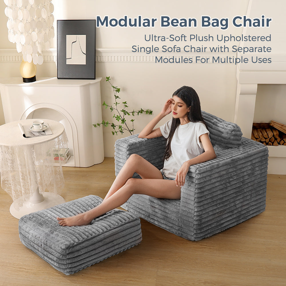 MAXYOYO Oversized Bean Bag Chair - Grey Striped Faux Fur Floor Sofa with Removable Pillows & Armrests - Perfect for Living Room, Bedroom, Game Room and Dorm Lounge