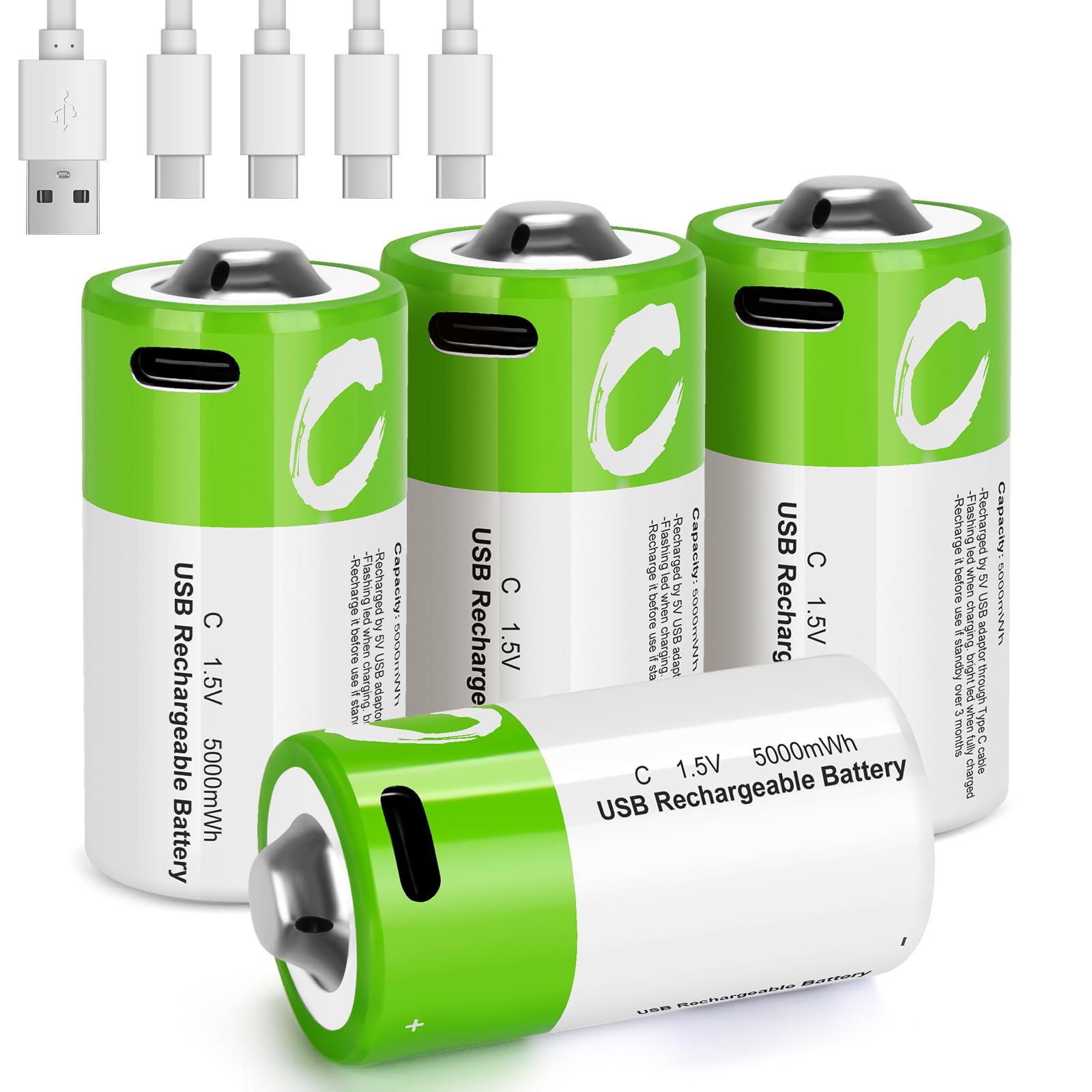 4 Pack Rechargeable C Batteries with USB-C Charger - 5000mWh LR14 1.5V Lithium Ion C Cell Batteries for Flashlights, Toys, Radios | Ideal for Emergency Kits, Camping Gear & Home Electronics