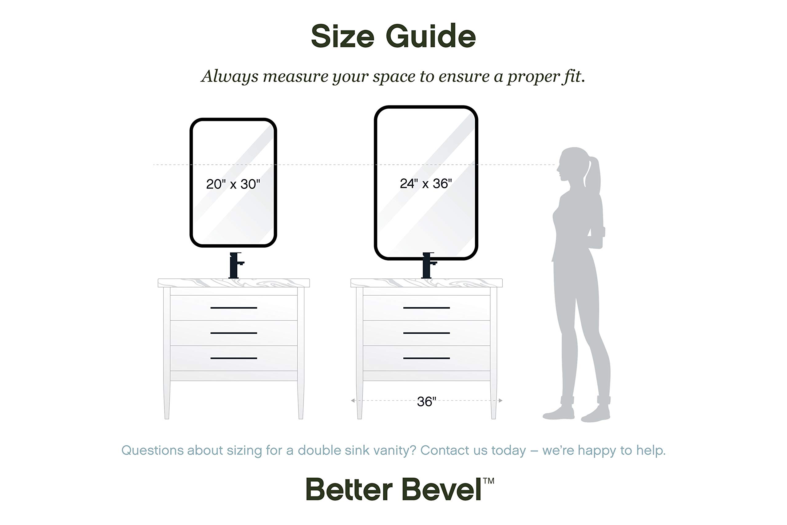 Better Bevel 24” x 36” Grey Rubber Framed Bathroom Mirror - Rounded Rectangle Wall Mirror for Bathroom, Bedroom, Dressing Room & Vanity Decor