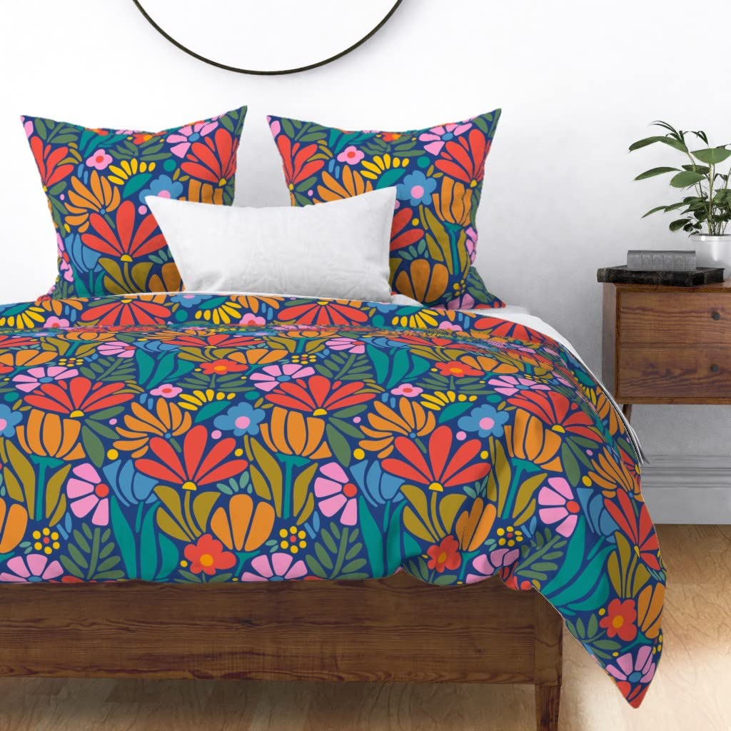 Premium Spoonflower Cotton Sateen Duvet Cover King/California King Size - Minimalist Folk Blue Floral Retro Bold Colorful Print Custom Bedding Set for Modern & Bohemian Bedroom Decor